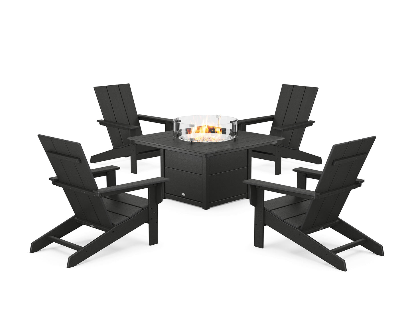 POLYWOOD 5-Piece Modern Studio Adirondack Conversation Set with Fire Pit Table — Black