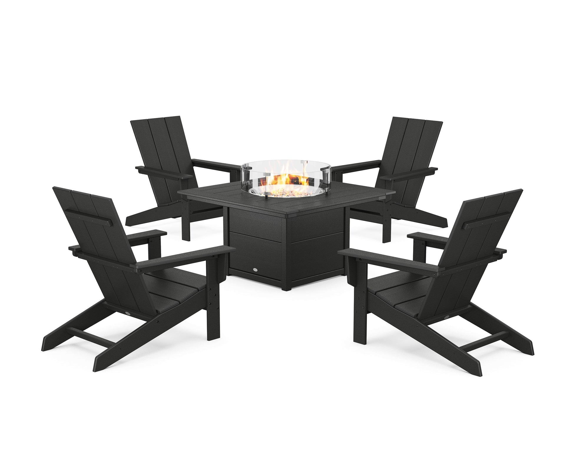 POLYWOOD 5-Piece Modern Studio Adirondack Conversation Set with Fire Pit Table — Black
