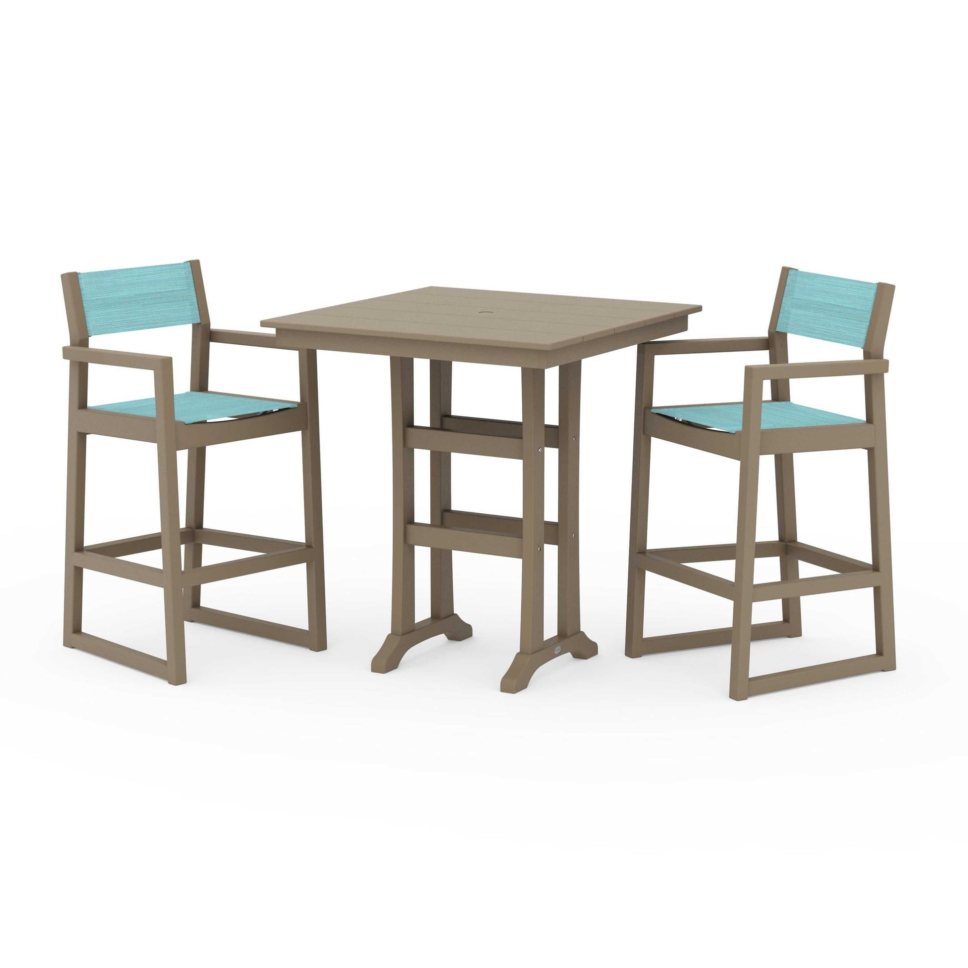 POLYWOOD EDGE Sling Arm Chair 3-Piece Farmhouse Bar Set with Trestle Legs — Vintage Sahara / Dupioni Aquamarine Sling
