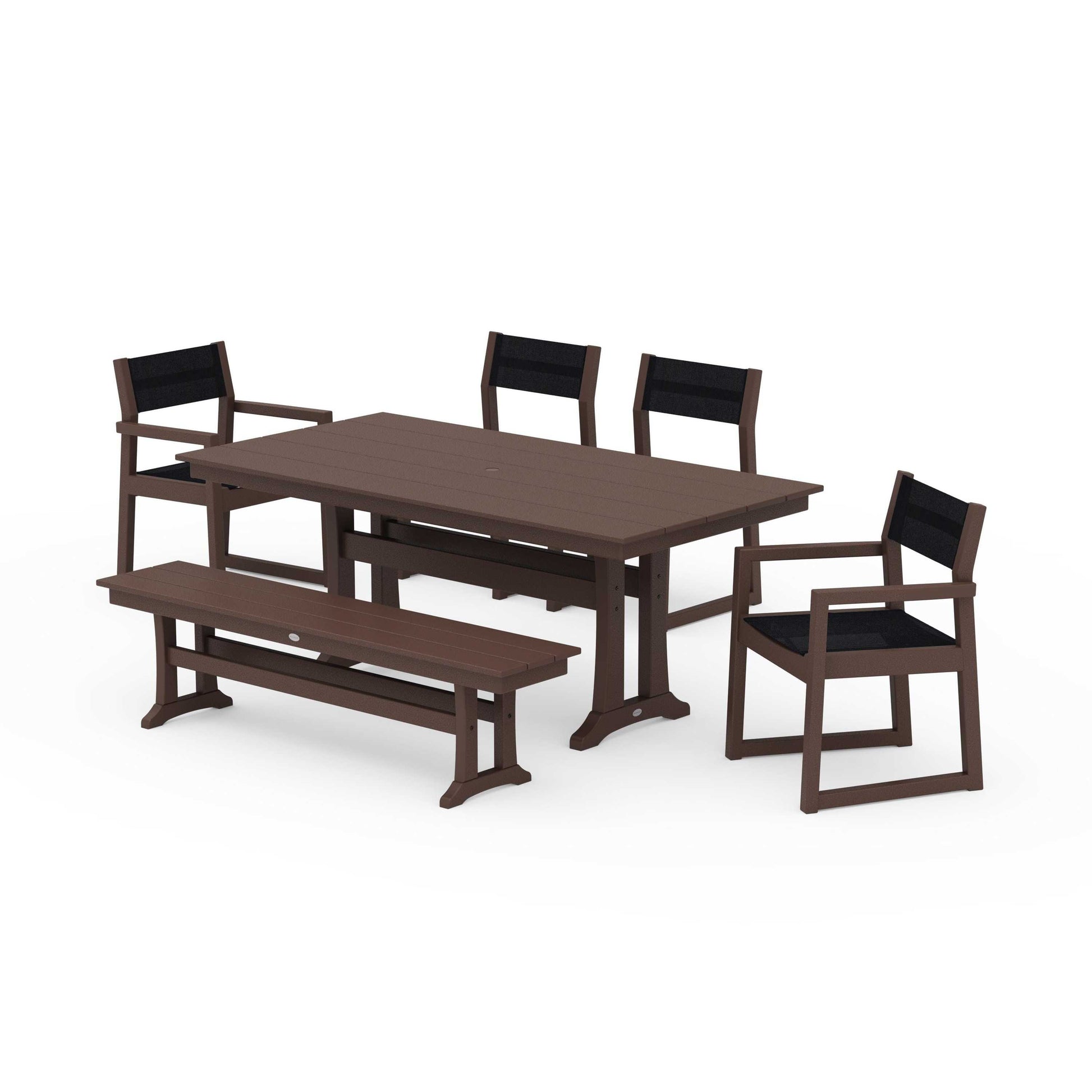 POLYWOOD EDGE Sling 6-Piece Farmhouse Dining Set With Trestle Legs — Mahogany / Black Sling