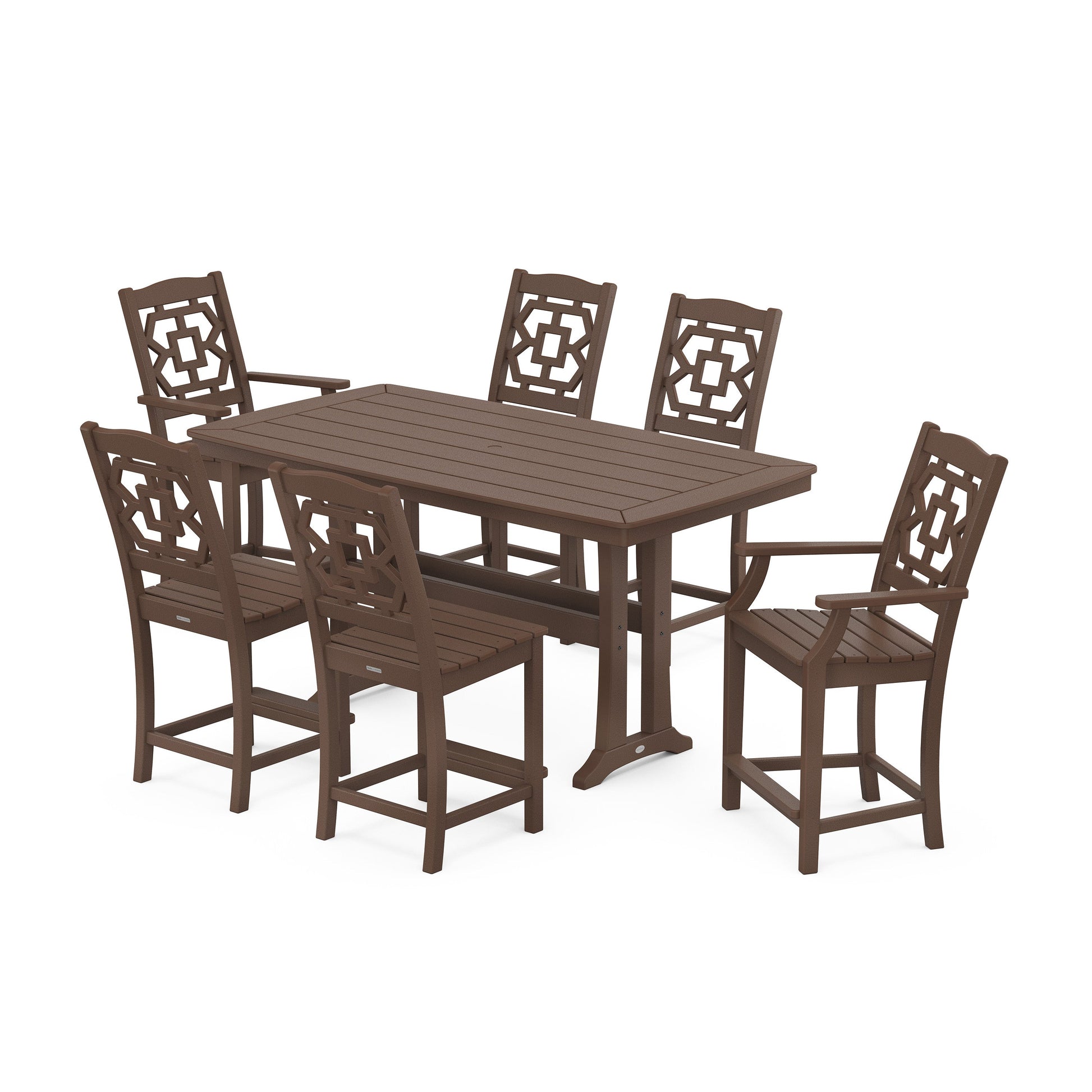 POLYWOOD Chinoiserie 7-Piece Counter Set with Trestle Legs — Mahogany