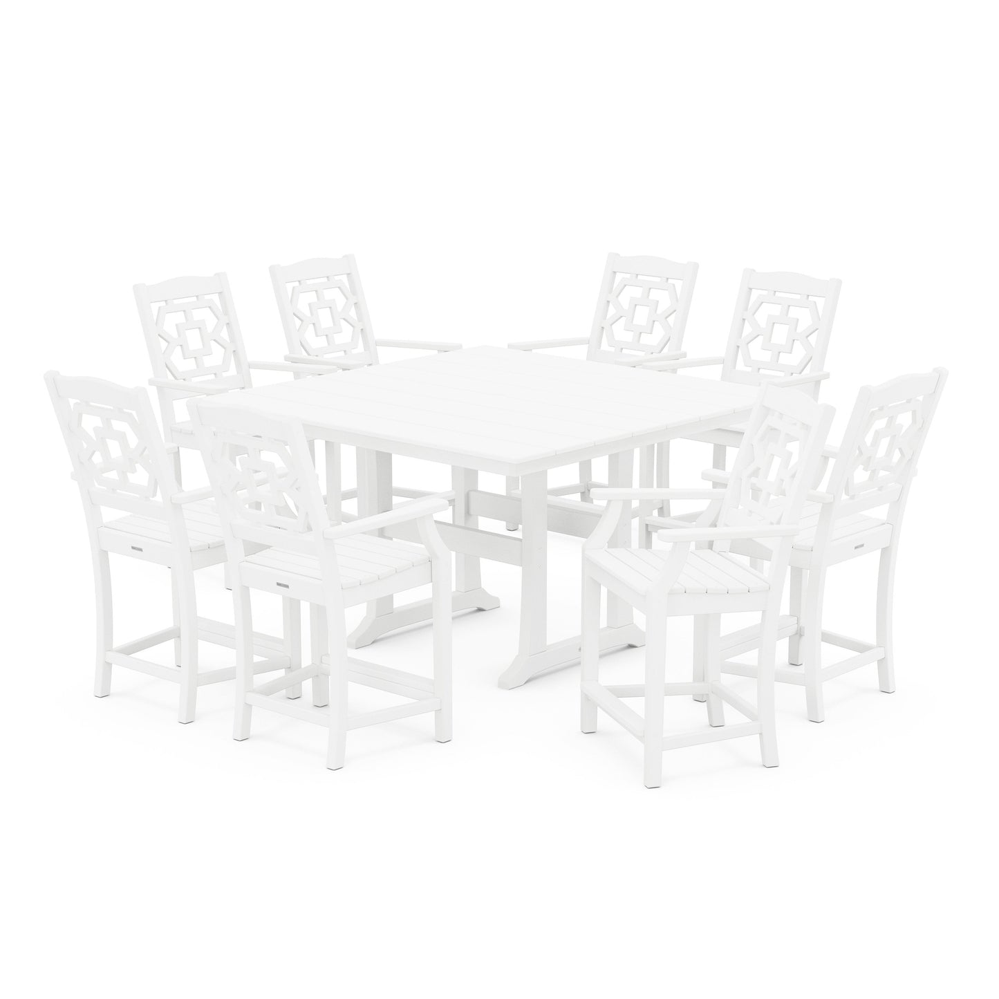 POLYWOOD Chinoiserie 9-Piece Square Farmhouse Counter Set with Trestle Legs — White
