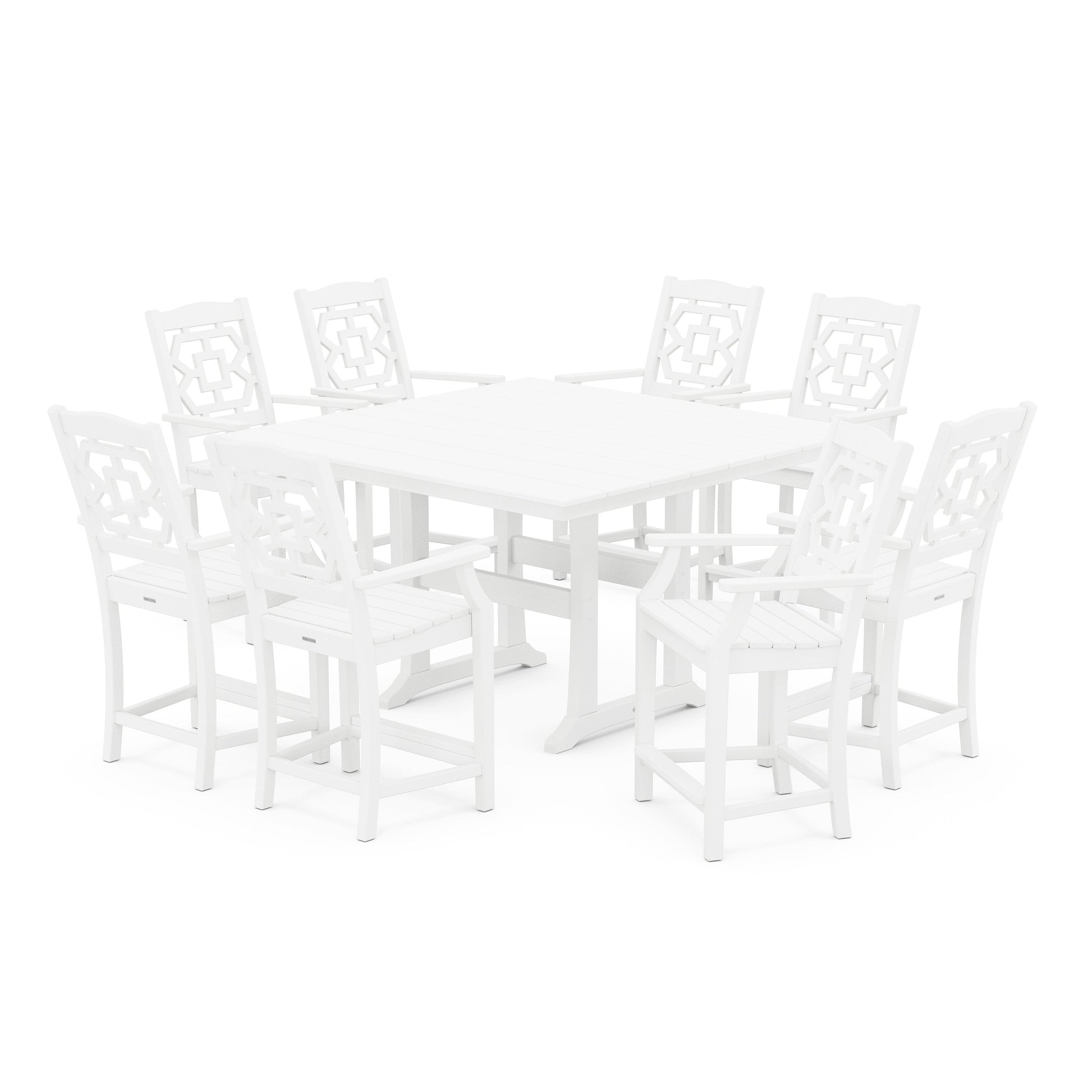 POLYWOOD Chinoiserie 9-Piece Square Farmhouse Counter Set with Trestle Legs — White