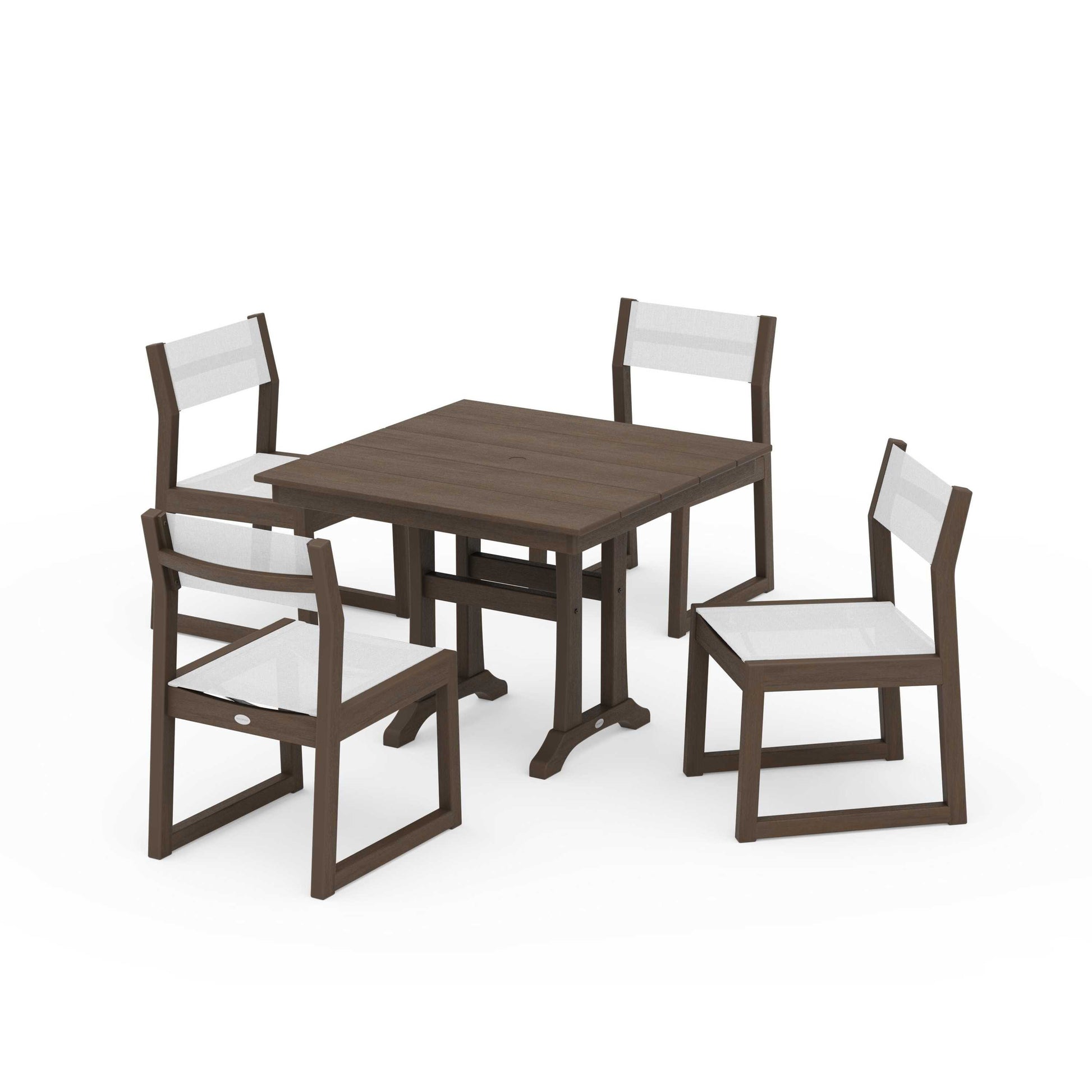 POLYWOOD EDGE Sling 5-Piece Farmhouse Trestle Side Chair Dining Set — Kona / White Sling