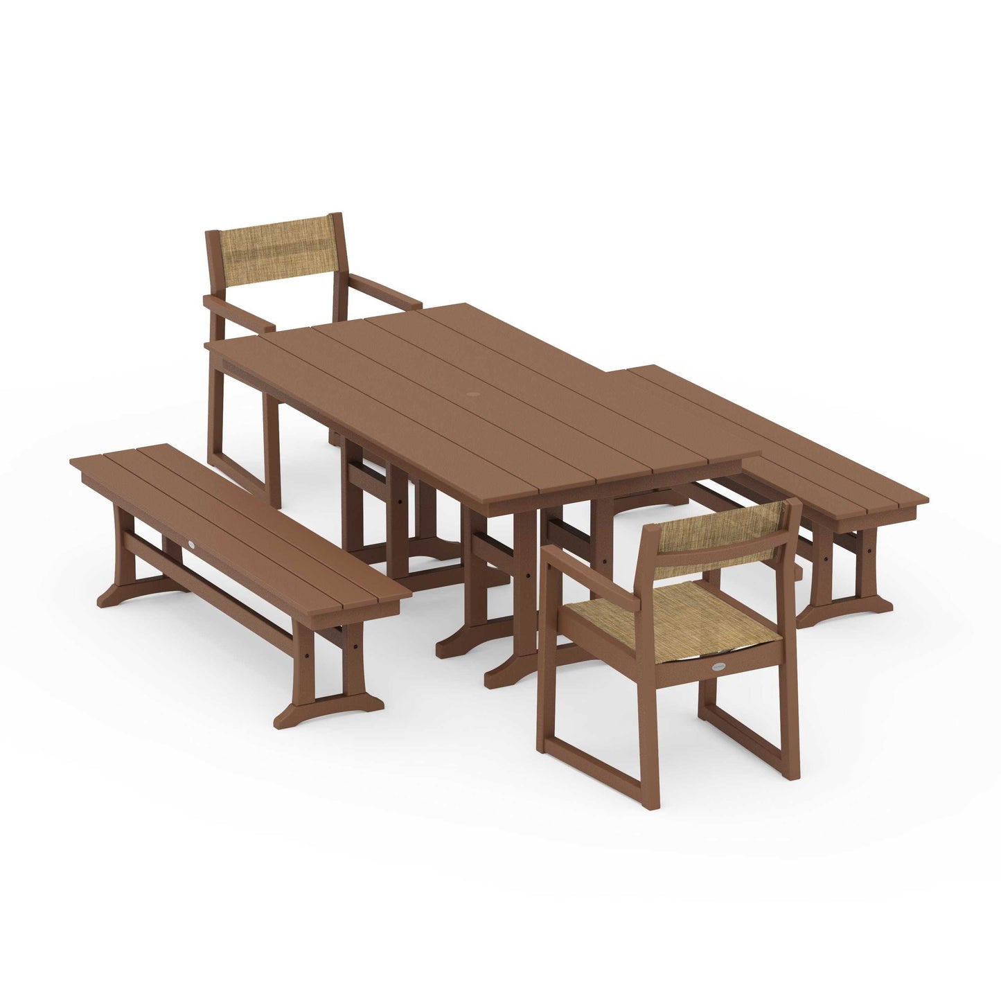 POLYWOOD EDGE Sling Arm Chair 5-Piece Farmhouse Dining Set with Benches — Teak / Burlap Sling