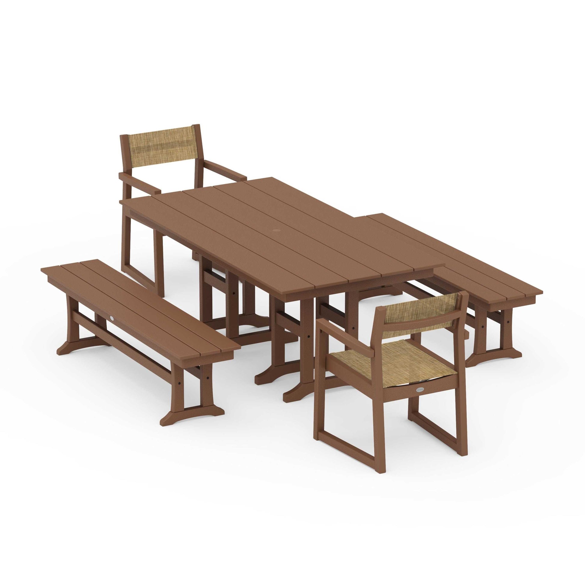 POLYWOOD EDGE Sling Arm Chair 5-Piece Farmhouse Dining Set with Benches — Teak / Burlap Sling