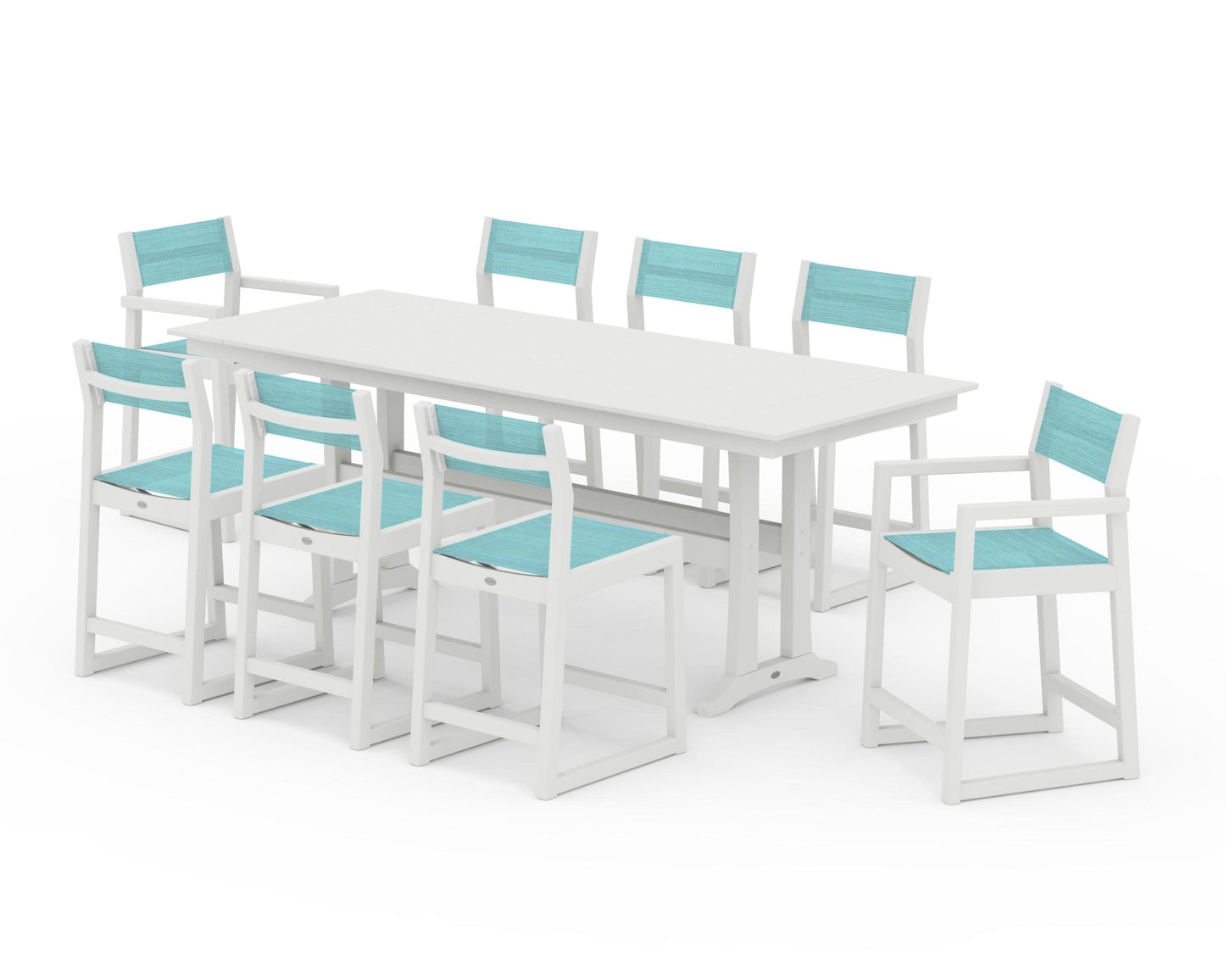 POLYWOOD EDGE Sling 9-Piece Farmhouse Counter Set with Trestle Legs — Vintage White / Dupioni Aquamarine Sling