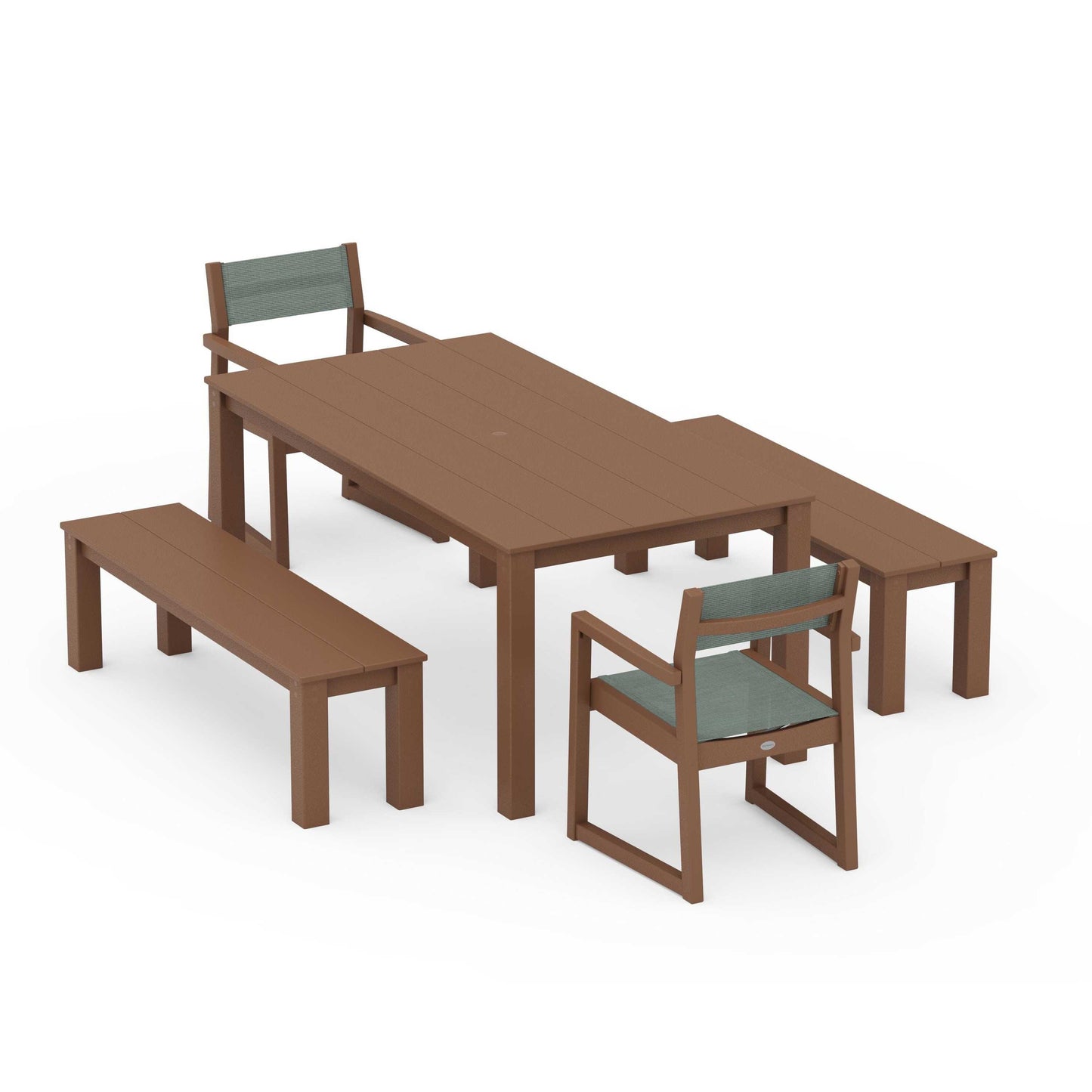 POLYWOOD EDGE Sling Arm Chair 5-Piece Parsons Dining Set with Benches — Teak / Dupioni Sea Mist Sling