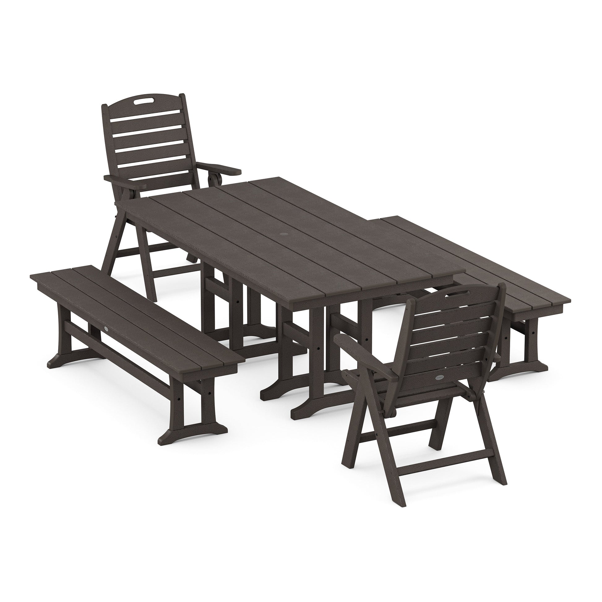 POLYWOOD Nautical Highback 5-Piece Farmhouse Dining Set with Benches — Vintage Coffee