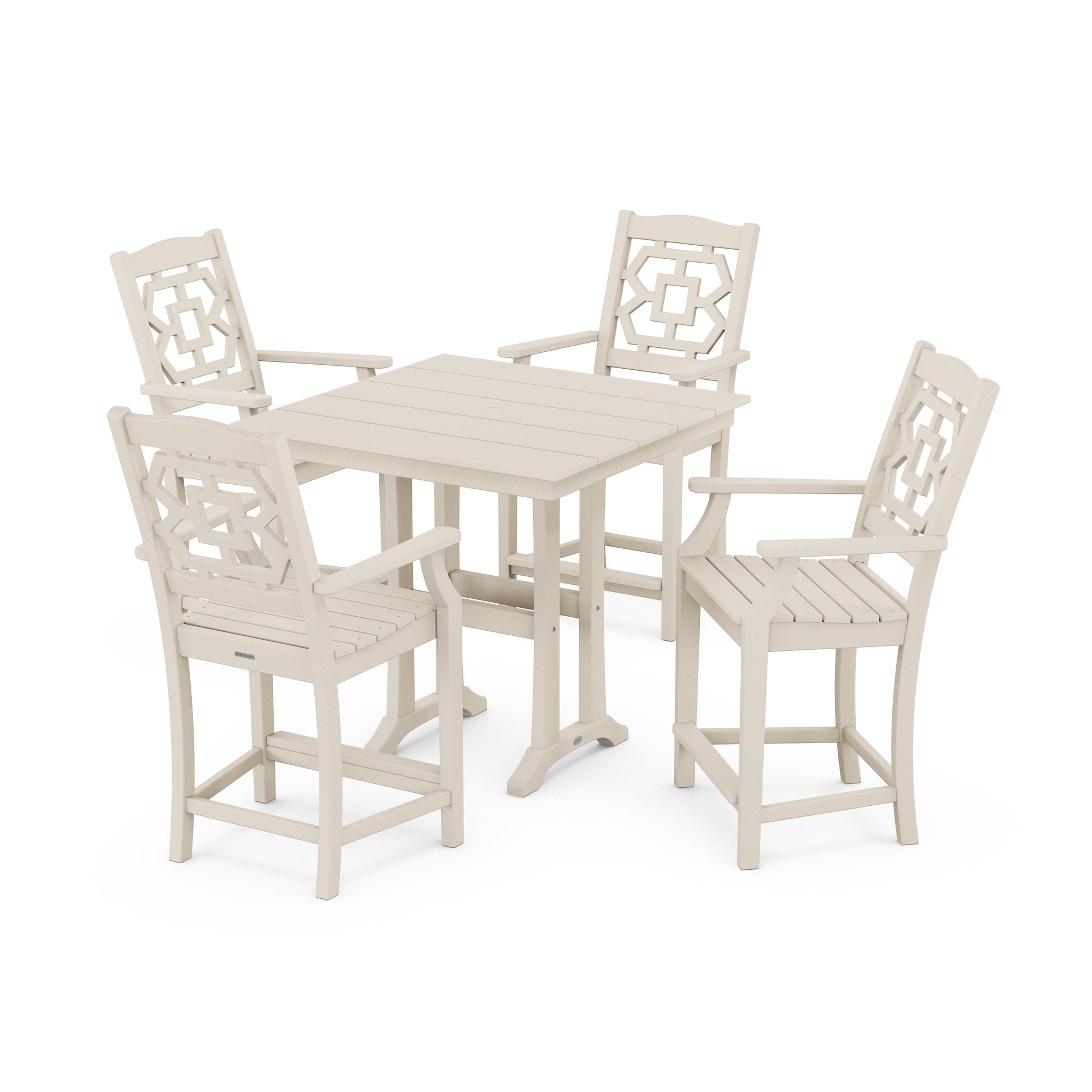POLYWOOD Chinoiserie 5-Piece Farmhouse Counter Set with Trestle Legs — Sand