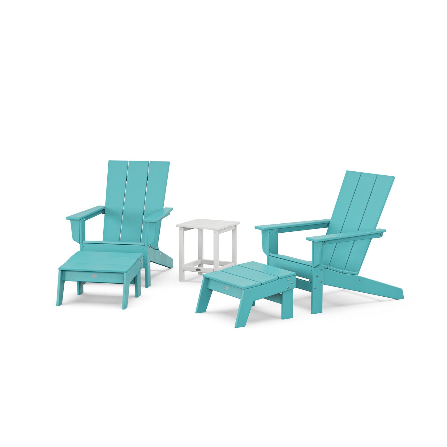POLYWOOD 5-Piece Modern Studio Adirondack Set with Ottomans and Side Table — Aruba / White