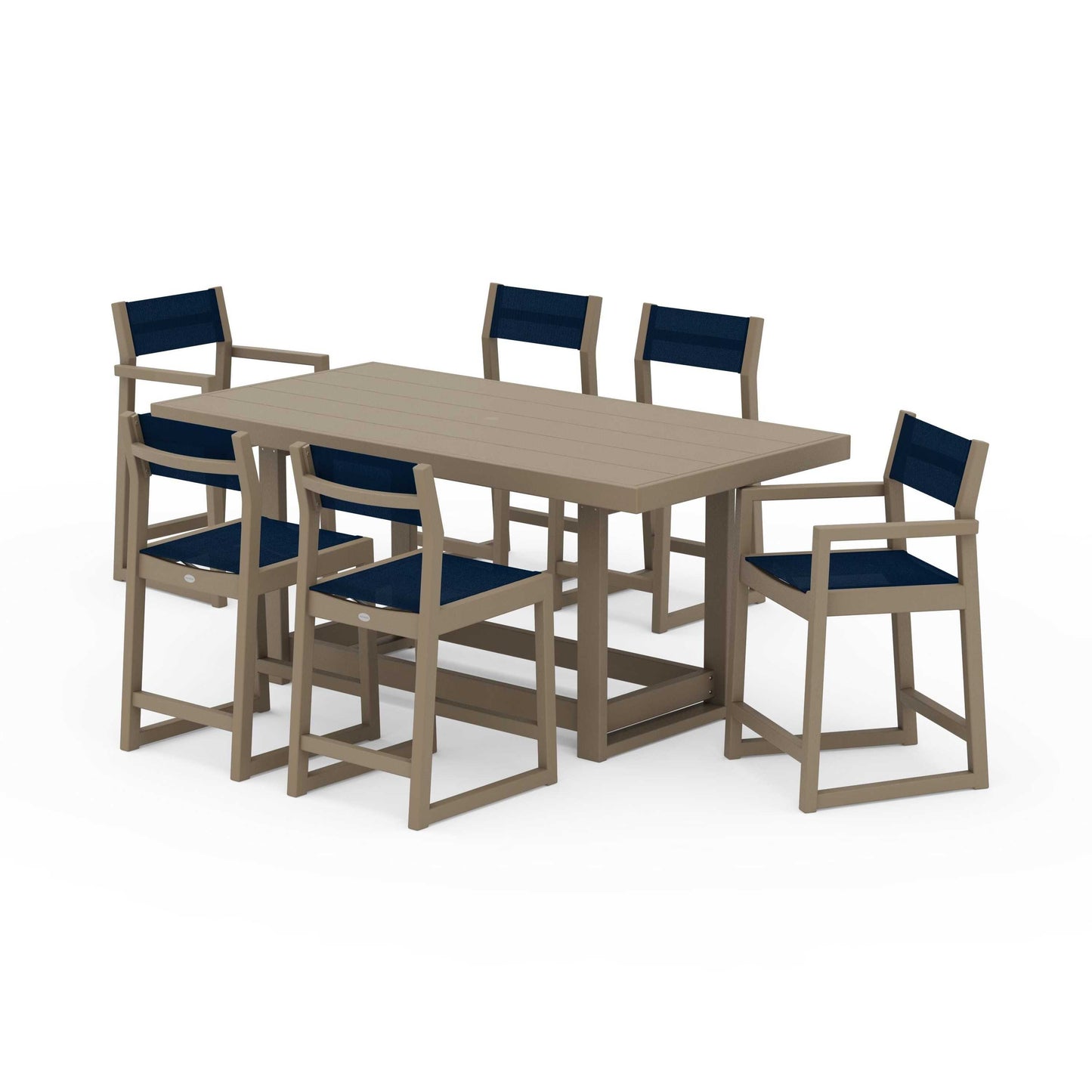 POLYWOOD EDGE Sling 7-Piece Counter Table Set — Vintage Sahara / Navy Blue Sling