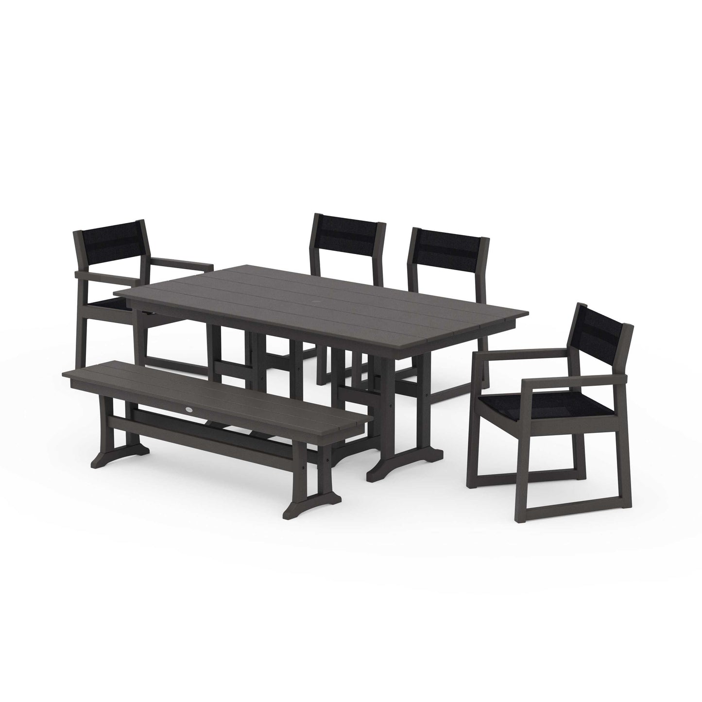 POLYWOOD EDGE Sling 6-Piece Farmhouse Dining Set — Vintage Coffee / Black Sling