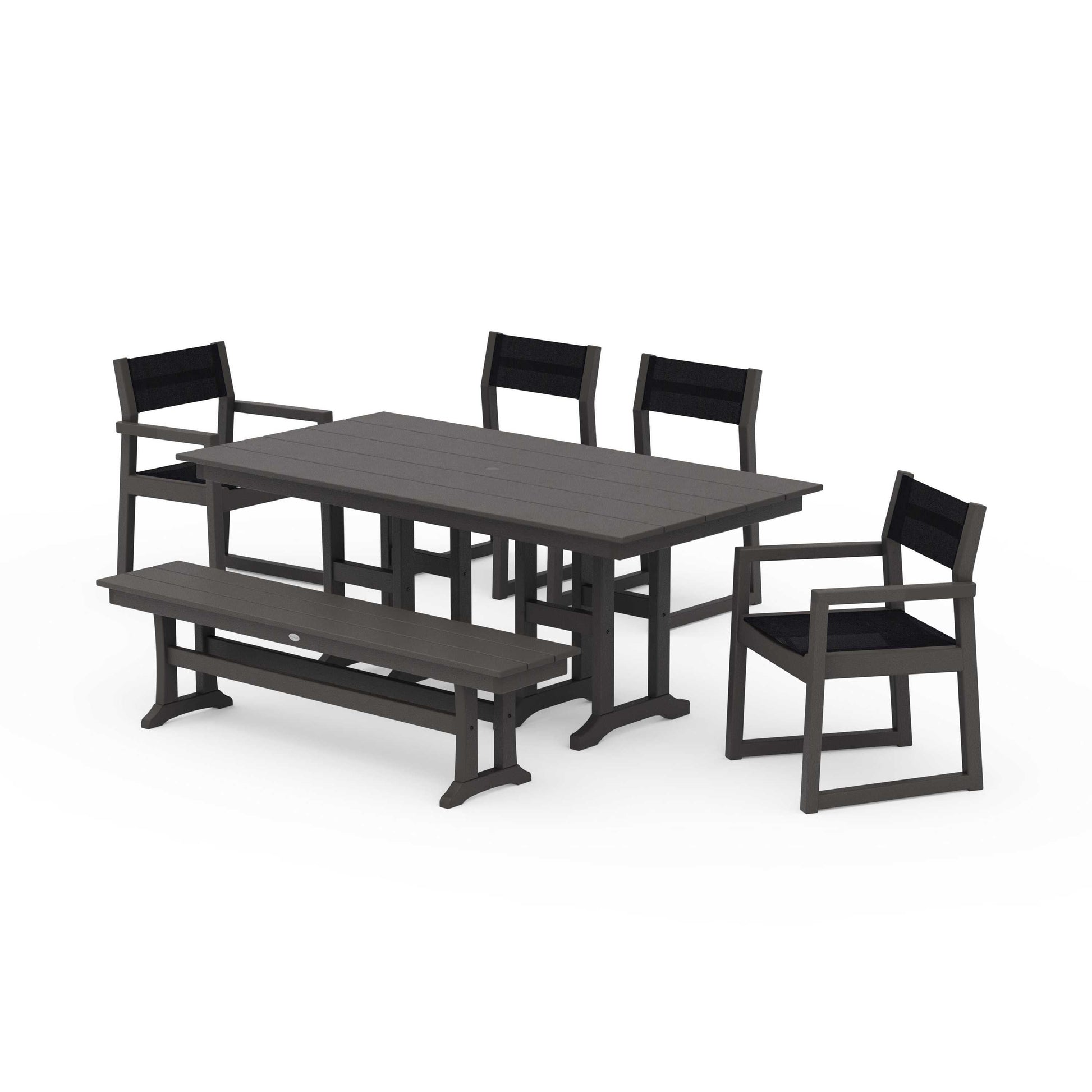 POLYWOOD EDGE Sling 6-Piece Farmhouse Dining Set — Vintage Coffee / Black Sling