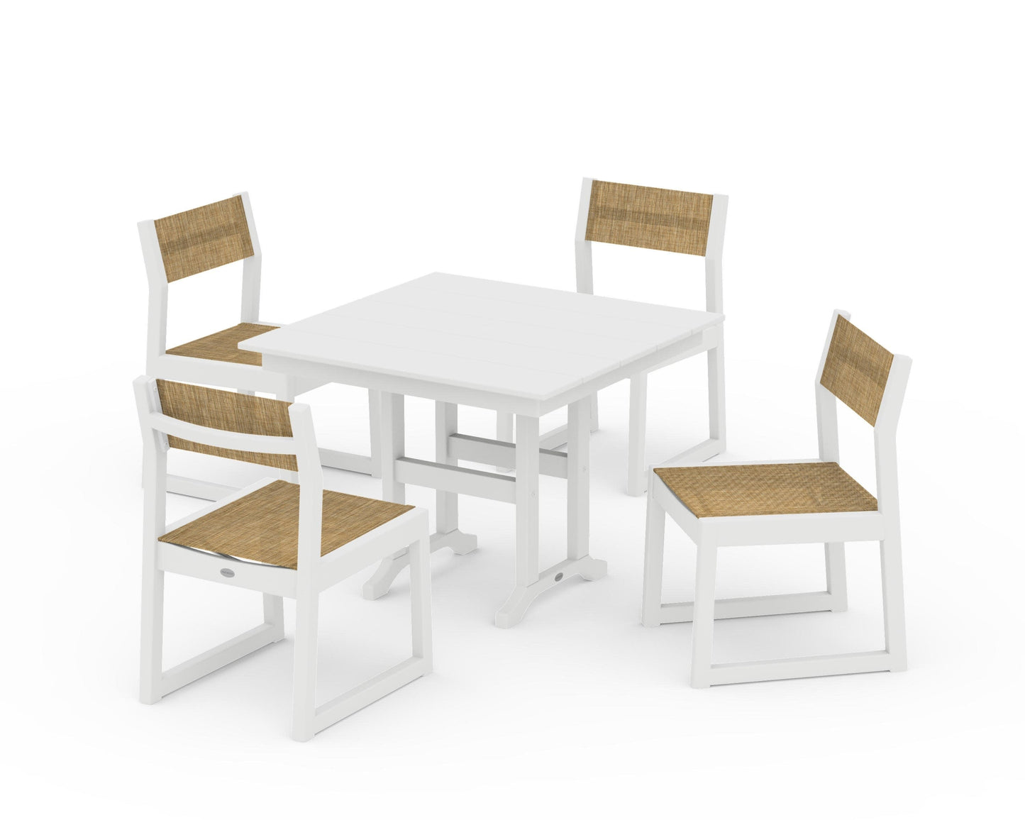 POLYWOOD EDGE Sling Side Chair 5-Piece Farmhouse Dining Set — White / Burlap Sling