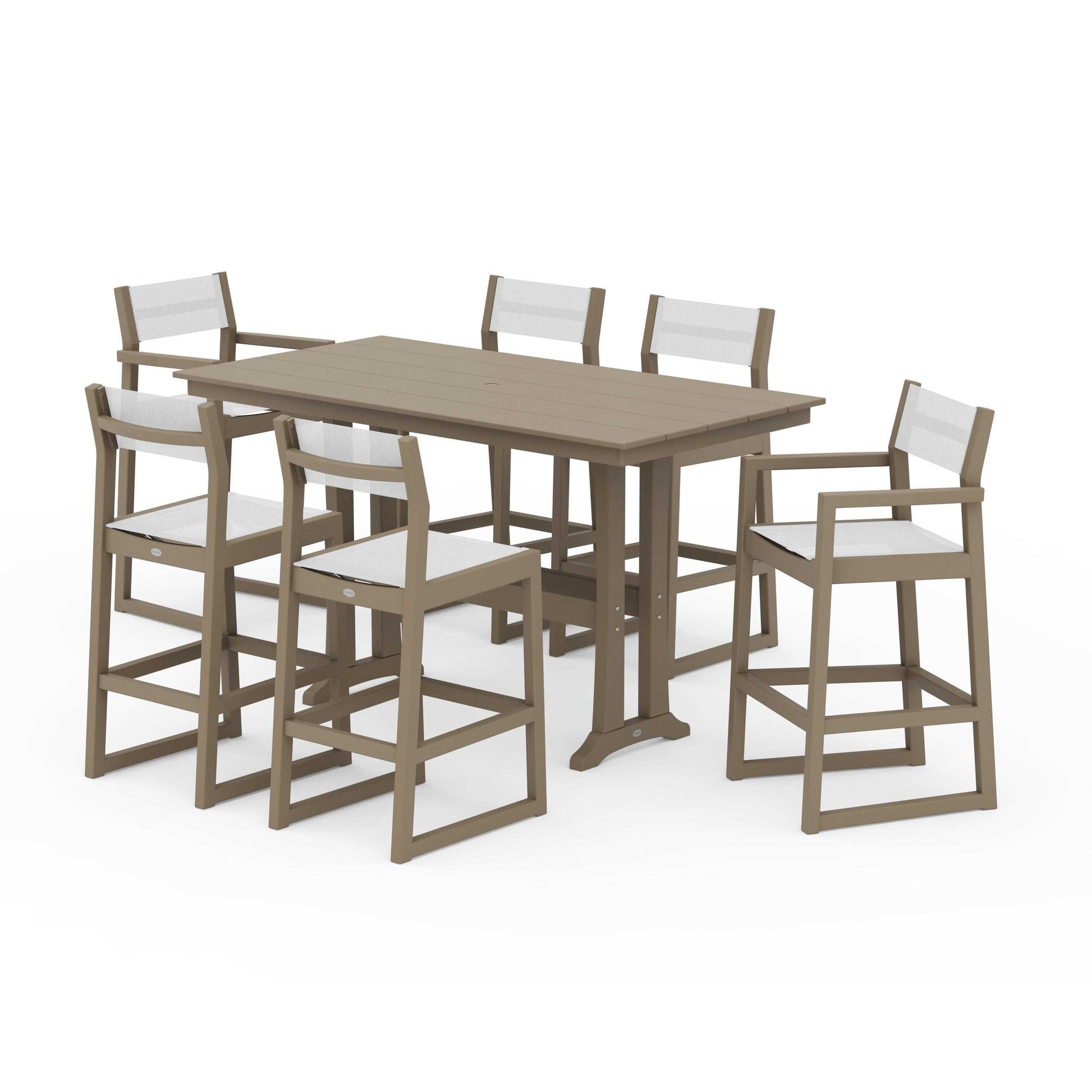 POLYWOOD EDGE Sling 7-Piece Farmhouse Bar Set with Trestle Legs — Vintage Sahara / White Sling
