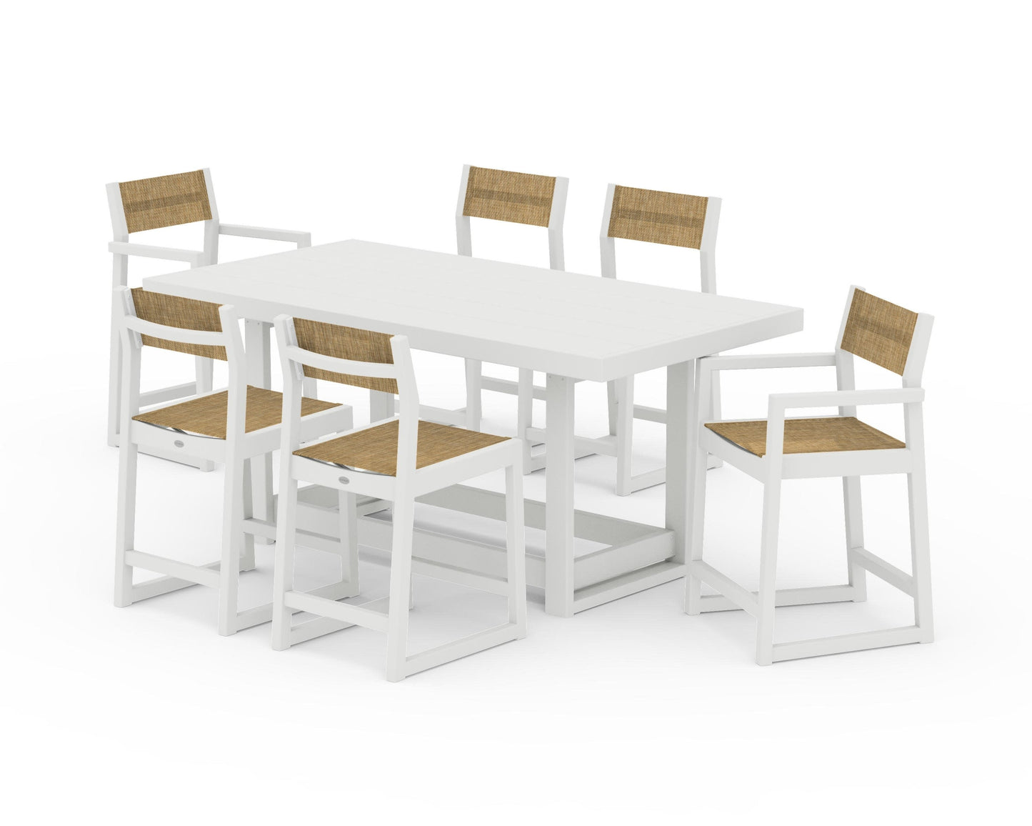 POLYWOOD EDGE Sling 7-Piece Counter Table Set — Vintage White / Burlap Sling