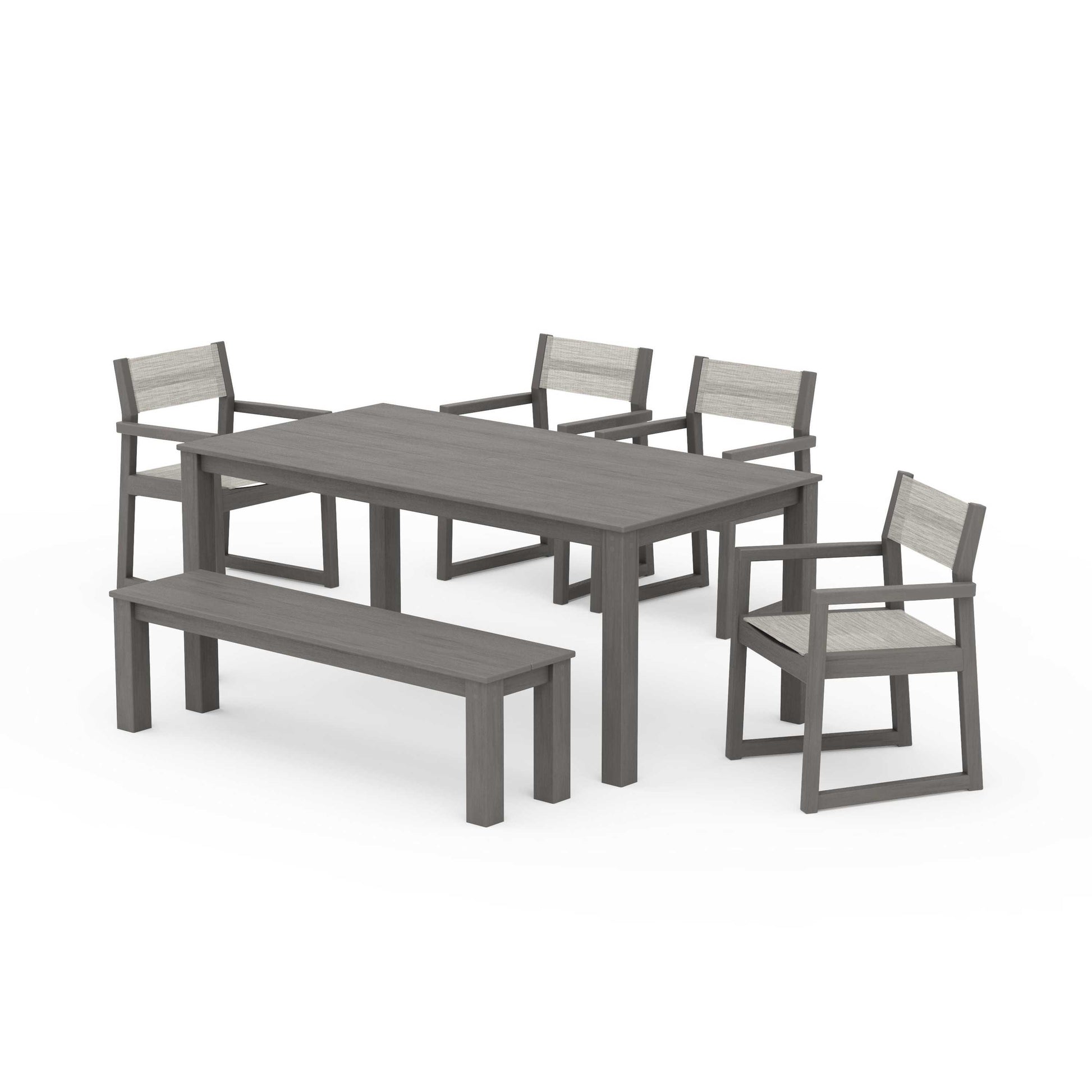 POLYWOOD EDGE Sling Arm Chair 6-Piece Parsons Dining Set with Bench — Driftwood / Birch Sling