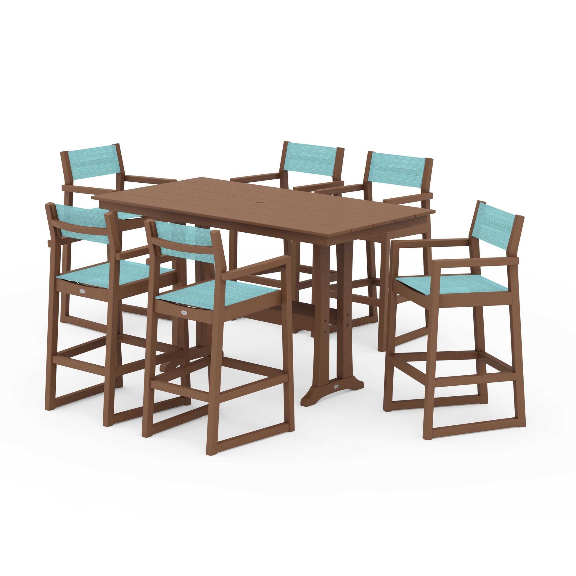 POLYWOOD EDGE Sling Arm Chair 7-Piece Farmhouse Bar Set with Trestle Legs — Teak / Dupioni Aquamarine Sling