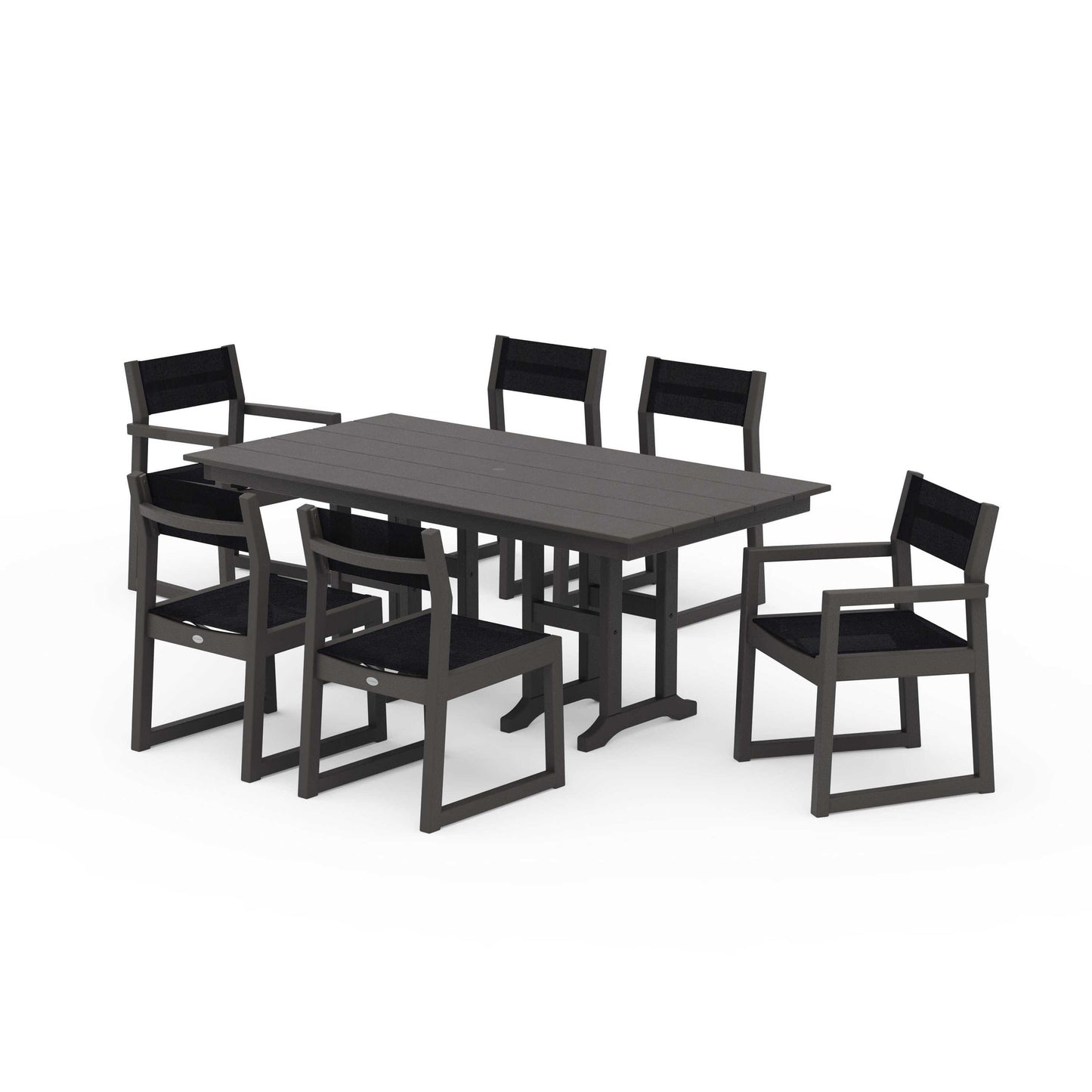 POLYWOOD EDGE Sling 7-Piece Farmhouse Dining Set — Vintage Coffee / Black Sling