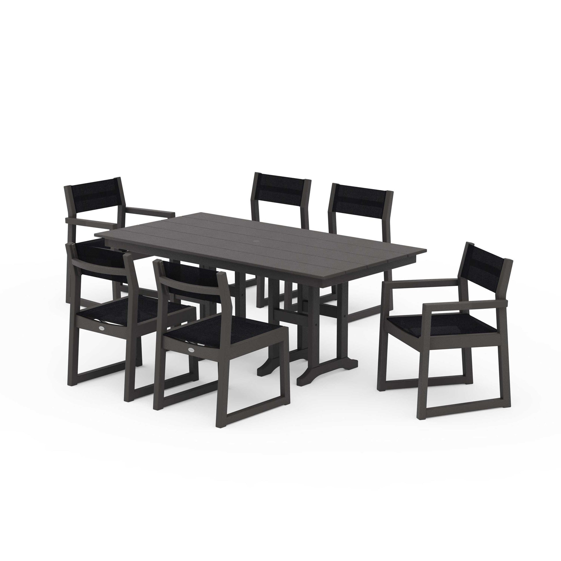 POLYWOOD EDGE Sling 7-Piece Farmhouse Dining Set — Vintage Coffee / Black Sling