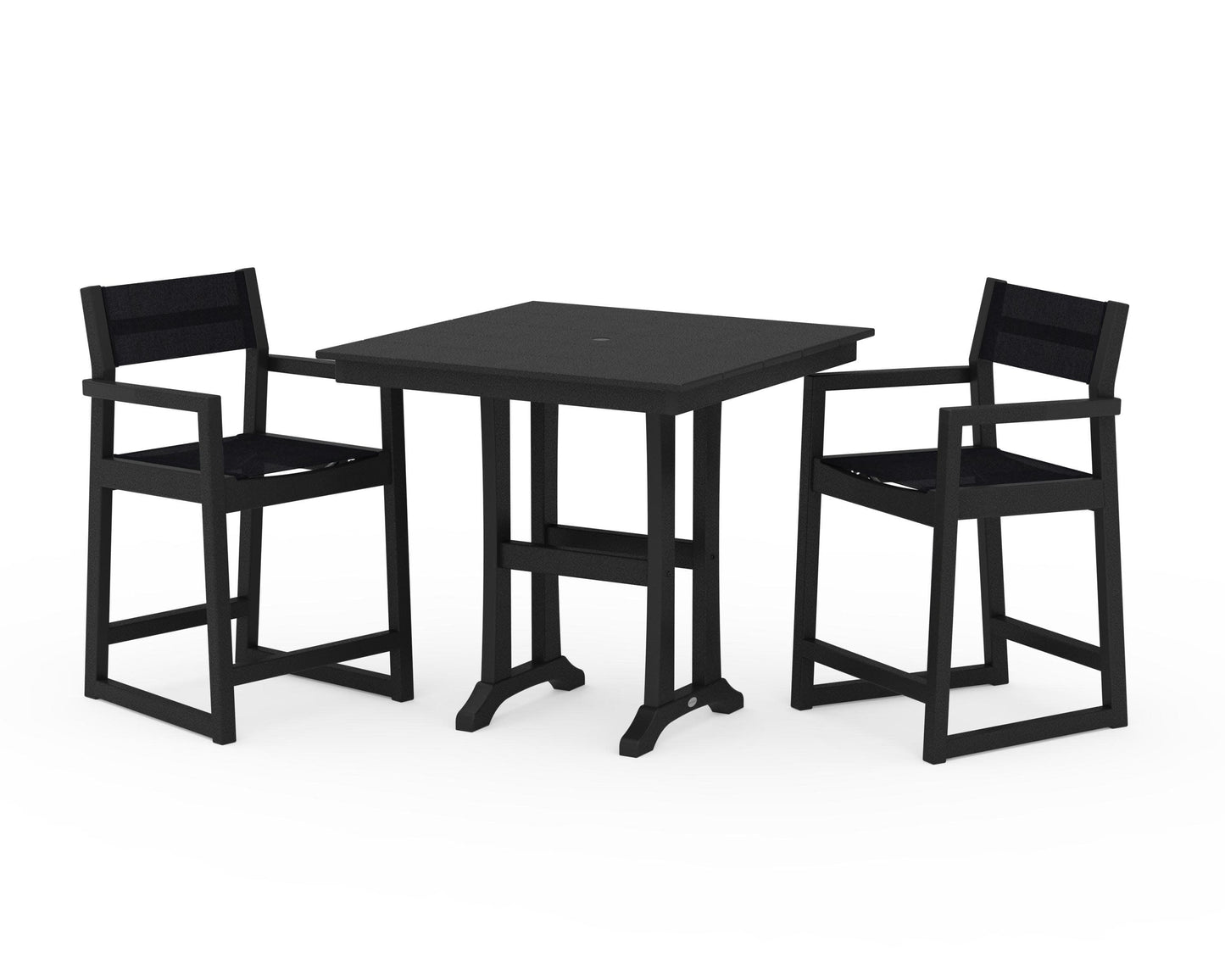 POLYWOOD EDGE Sling Arm Chair 3-Piece Farmhouse Counter Set with Trestle Legs — Black / Black Sling