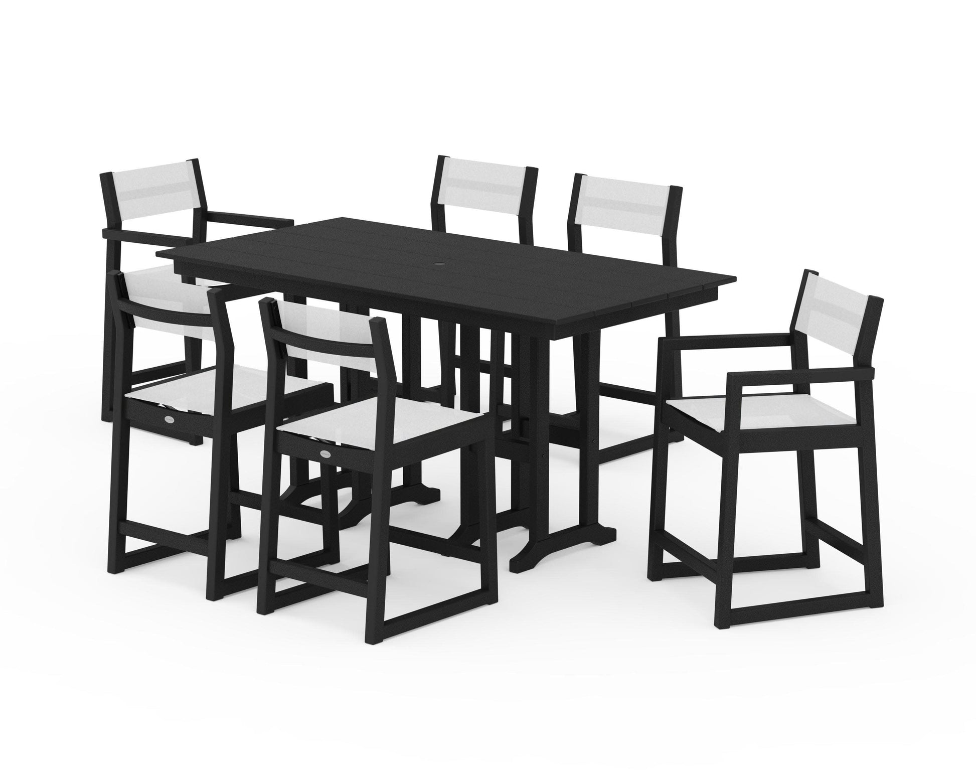 POLYWOOD EDGE Sling 7-Piece Farmhouse Counter Set with Trestle Legs — Black / White Sling