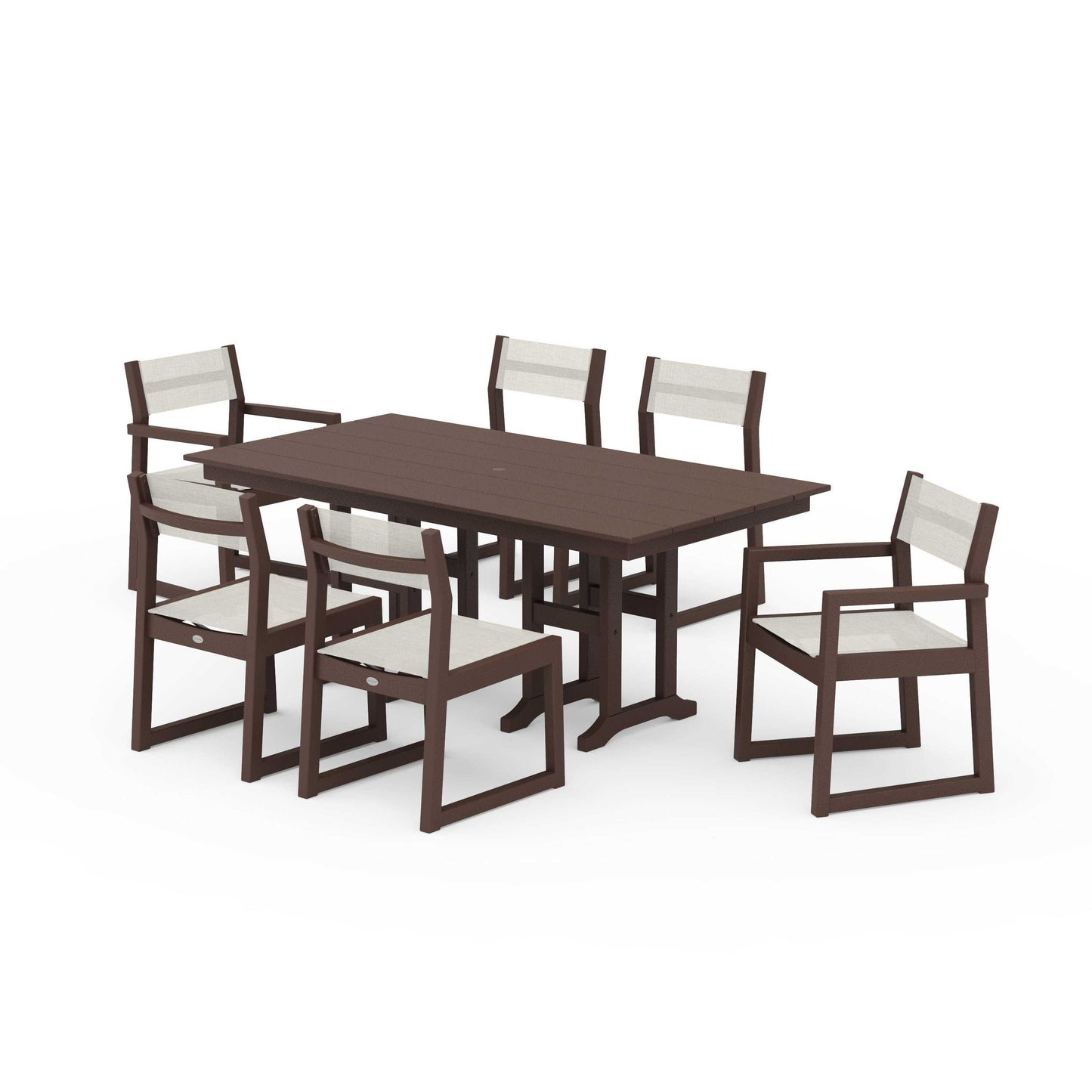 POLYWOOD EDGE Sling 7-Piece Farmhouse Dining Set — Mahogany / Parchment Sling