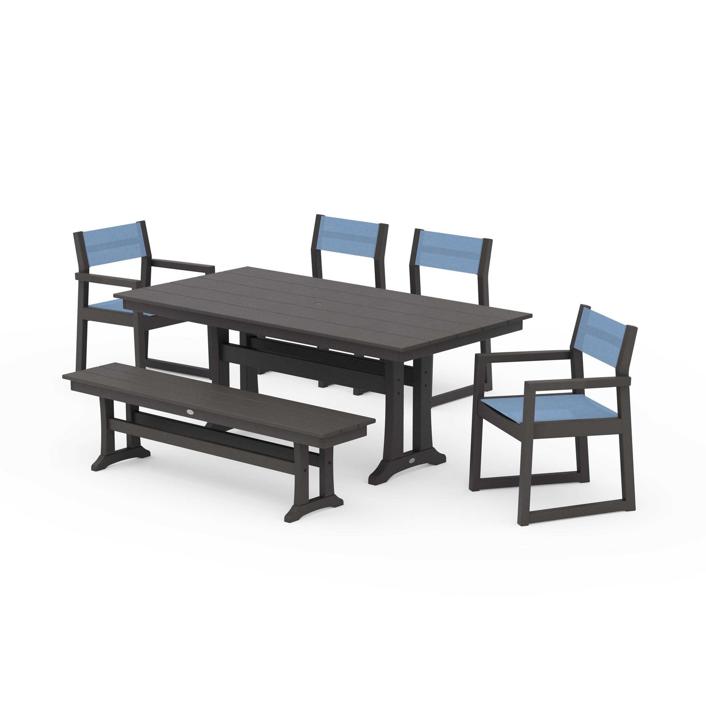 POLYWOOD EDGE Sling 6-Piece Farmhouse Dining Set With Trestle Legs — Vintage Coffee / Poolside Sling