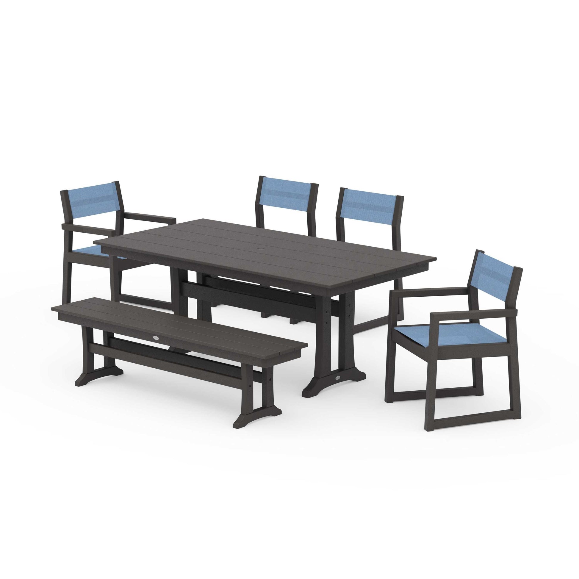 POLYWOOD EDGE Sling 6-Piece Farmhouse Dining Set With Trestle Legs — Vintage Coffee / Poolside Sling