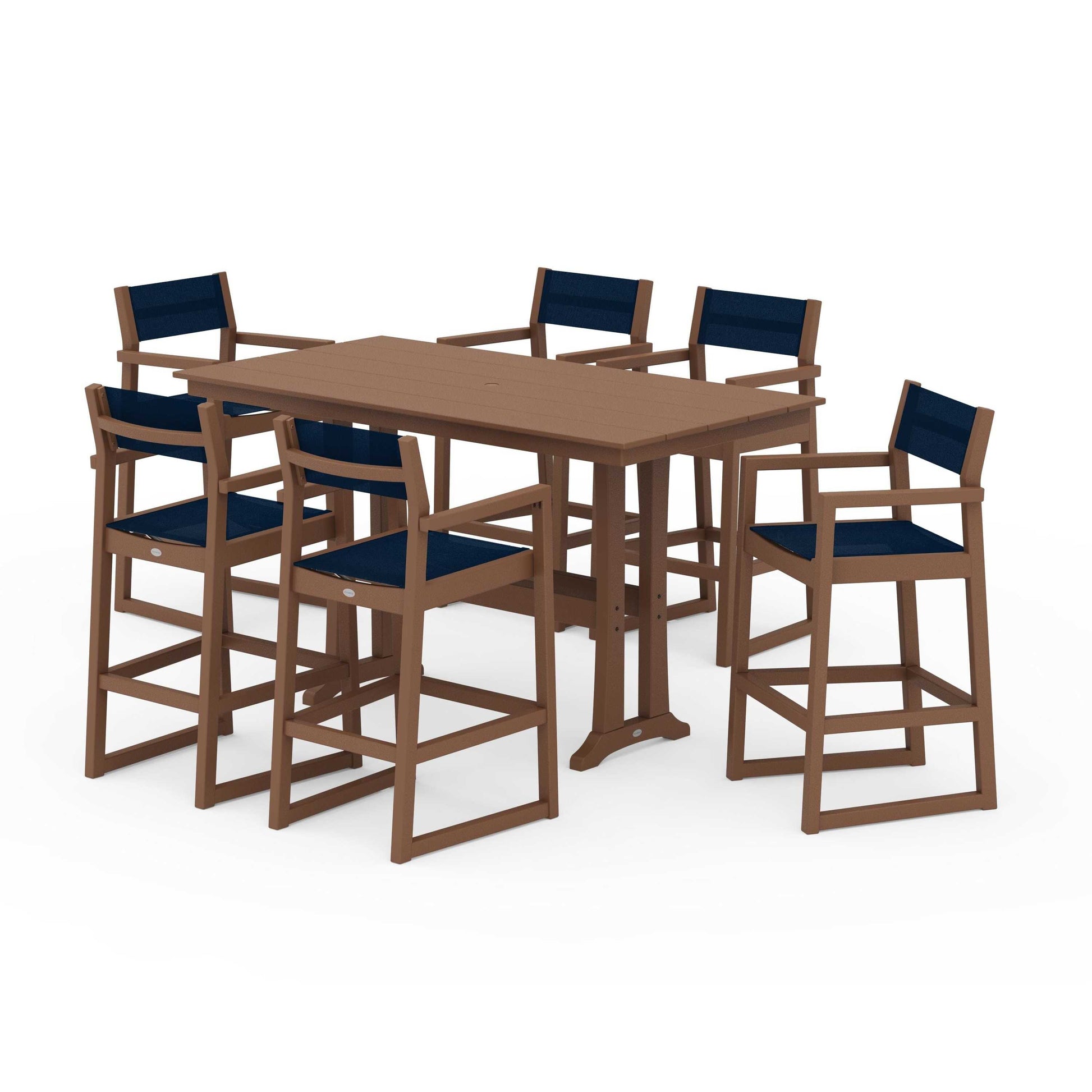 POLYWOOD EDGE Sling Arm Chair 7-Piece Farmhouse Bar Set with Trestle Legs — Teak / Navy Blue Sling