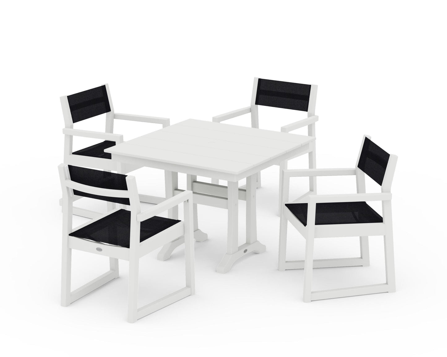 POLYWOOD EDGE Sling 5-Piece Farmhouse Dining Set with Trestle Legs — Vintage White / Black Sling