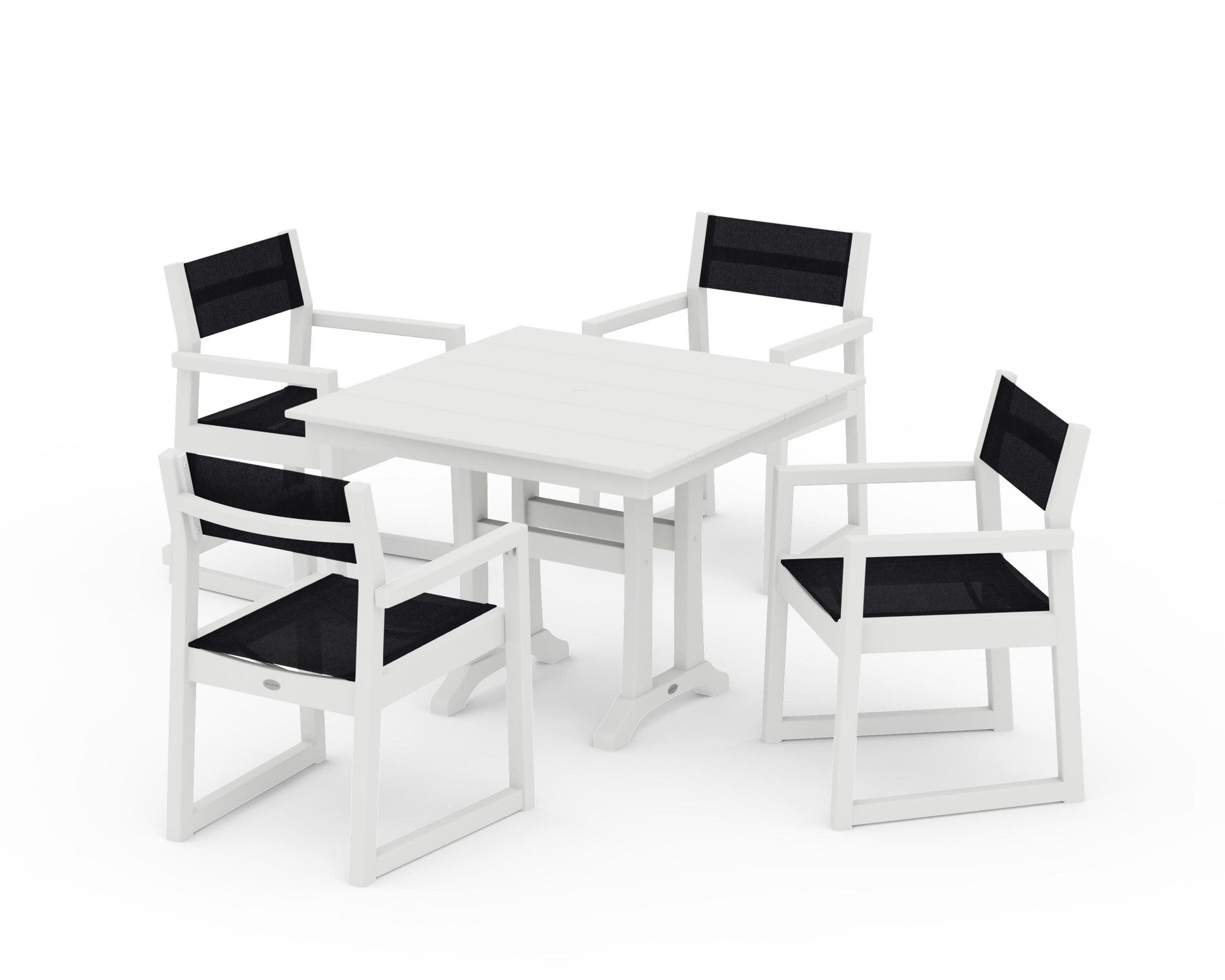 POLYWOOD EDGE Sling 5-Piece Farmhouse Dining Set with Trestle Legs — Vintage White / Black Sling