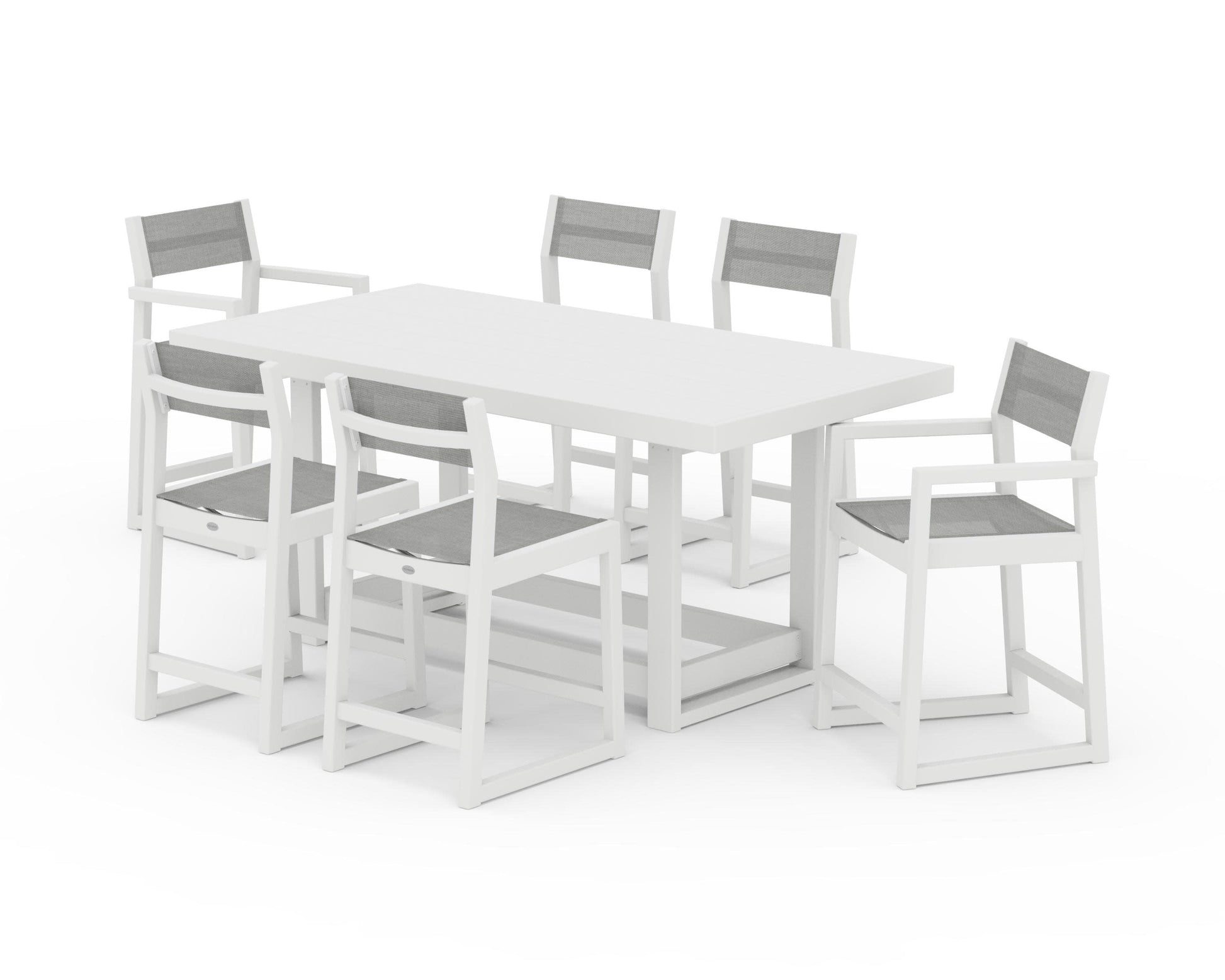 POLYWOOD EDGE Sling 7-Piece Counter Table Set — White / Metallic Sling
