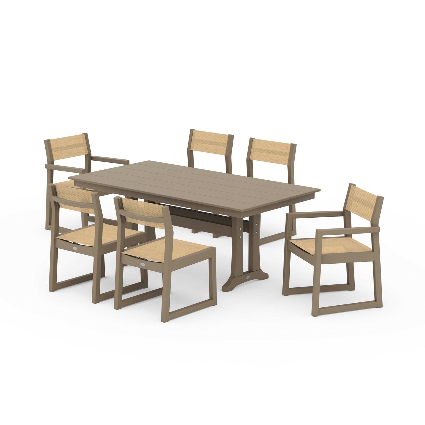 POLYWOOD EDGE Sling 7-Piece Farmhouse Trestle Dining Set — Vintage Sahara / Dupioni Apricot Sling