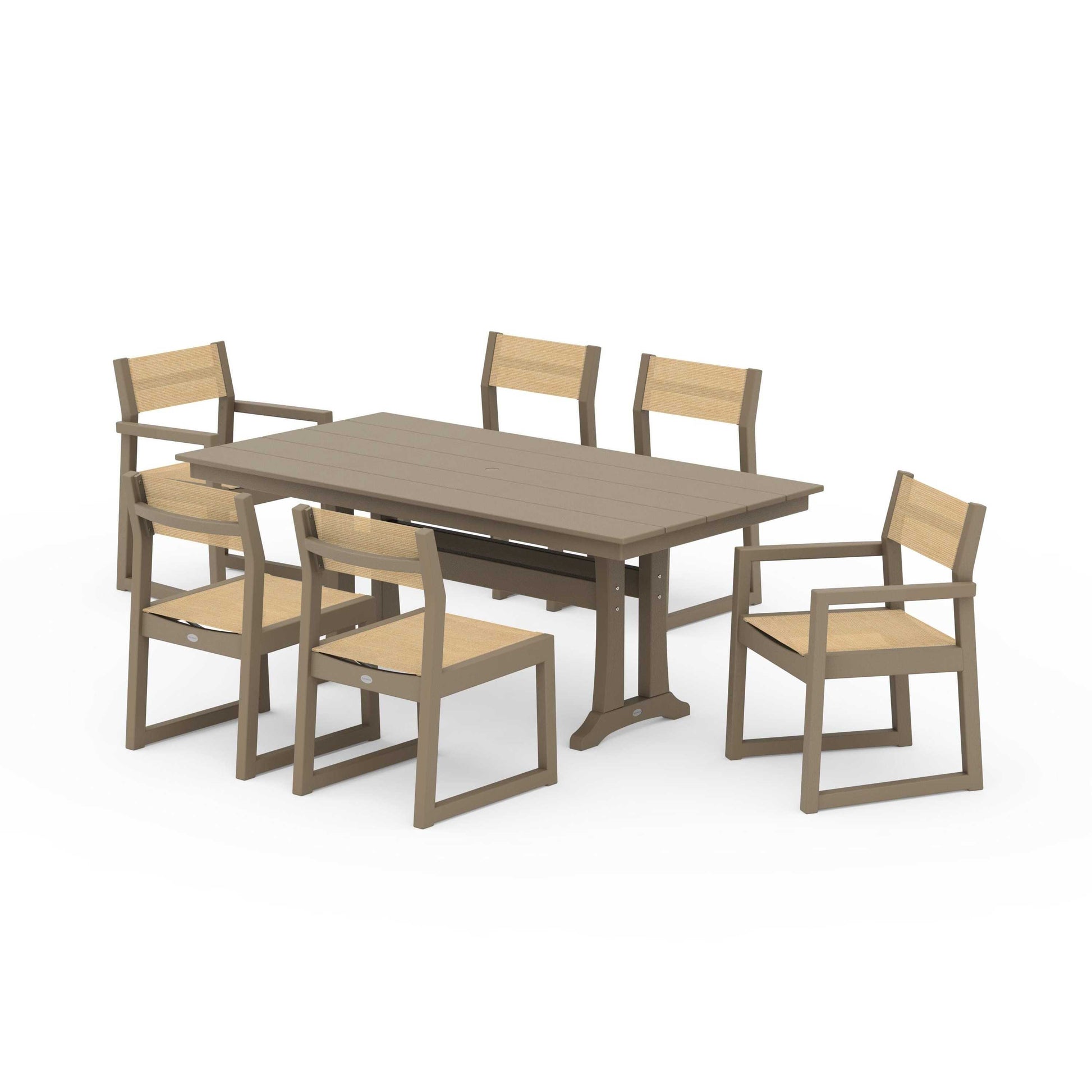 POLYWOOD EDGE Sling 7-Piece Farmhouse Trestle Dining Set — Vintage Sahara / Dupioni Apricot Sling