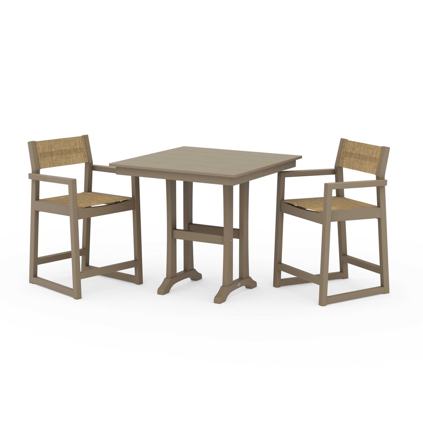 POLYWOOD EDGE Sling Arm Chair 3-Piece Farmhouse Counter Set with Trestle Legs — Vintage Sahara / Burlap Sling