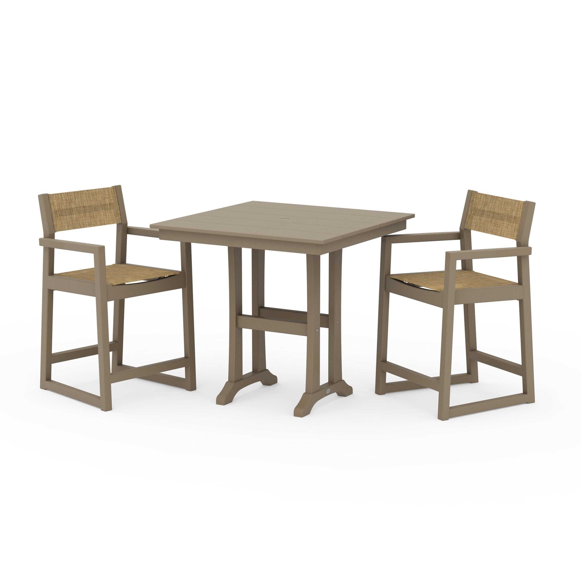 POLYWOOD EDGE Sling Arm Chair 3-Piece Farmhouse Counter Set with Trestle Legs — Vintage Sahara / Burlap Sling