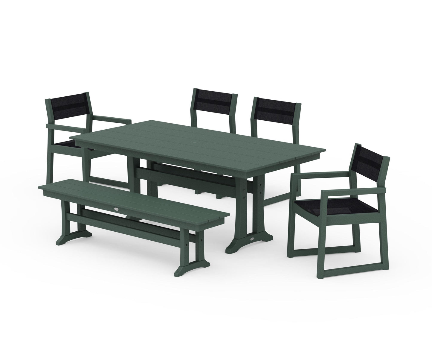 POLYWOOD EDGE Sling 6-Piece Farmhouse Dining Set With Trestle Legs — Green / Black Sling