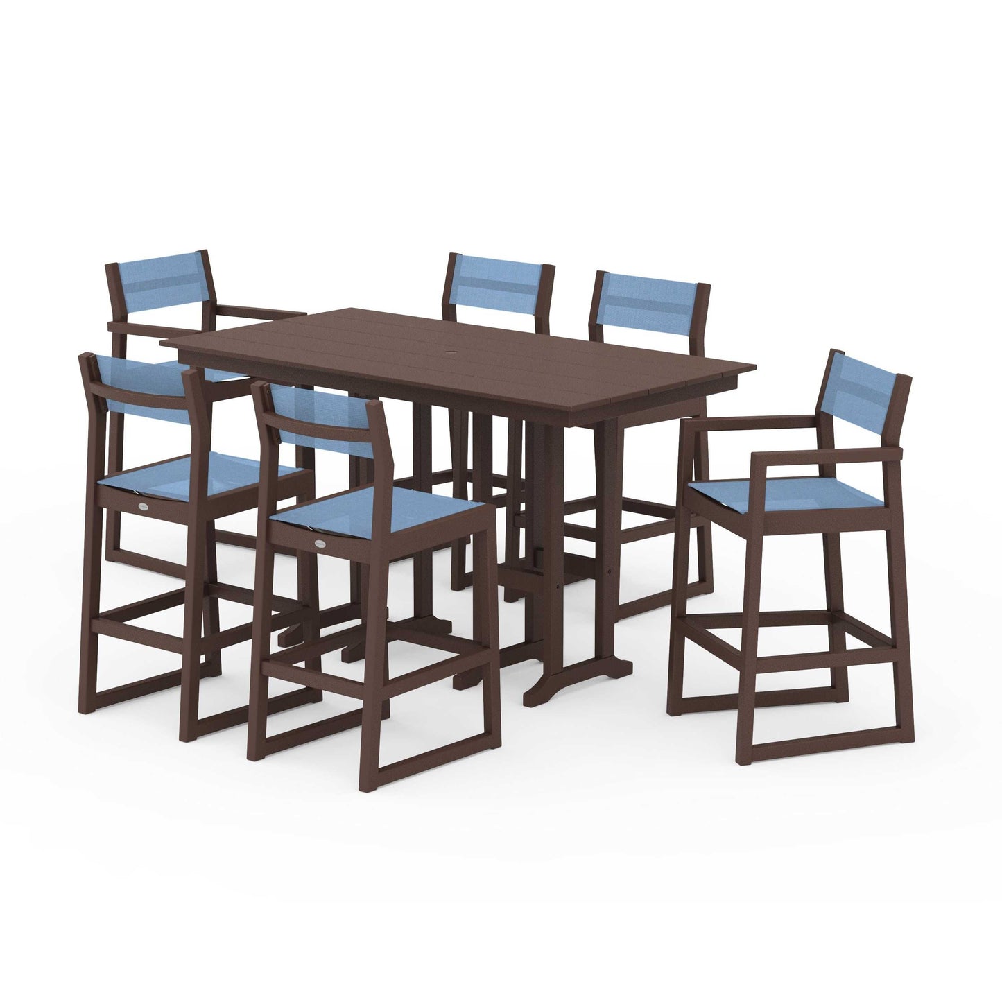 POLYWOOD EDGE Sling 7-Piece Farmhouse Bar Set — Mahogany / Poolside Sling