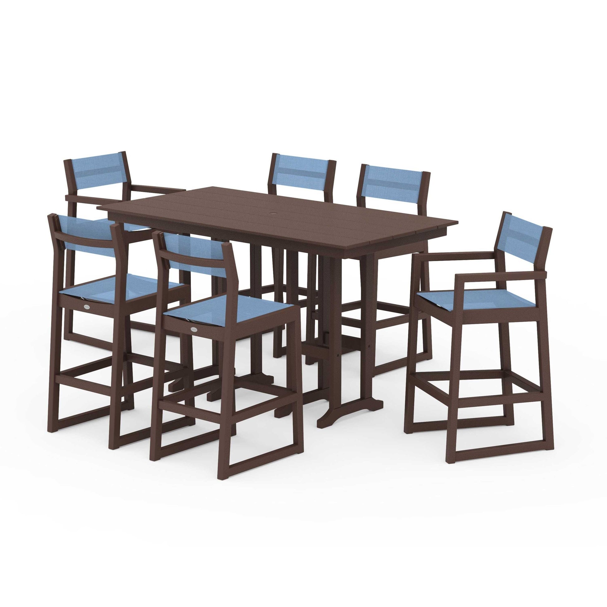 POLYWOOD EDGE Sling 7-Piece Farmhouse Bar Set — Mahogany / Poolside Sling