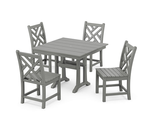 POLYWOOD Chippendale 5-Piece Farmhouse Trestle Side Chair Dining Set — Slate Grey