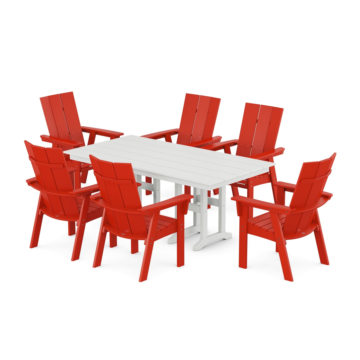 POLYWOOD Modern Curveback Adirondack 7-Piece Farmhouse Dining Set — Sunset Red / White