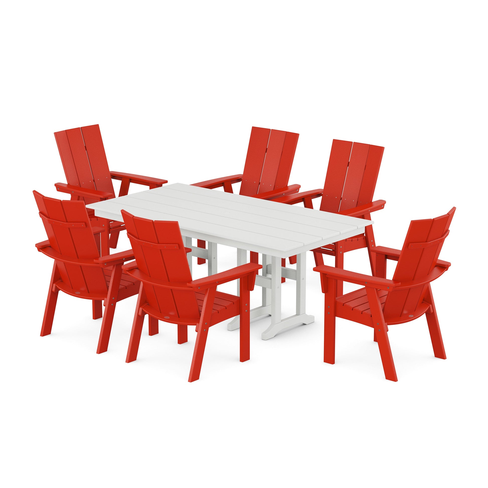 POLYWOOD Modern Curveback Adirondack 7-Piece Farmhouse Dining Set — Sunset Red / White