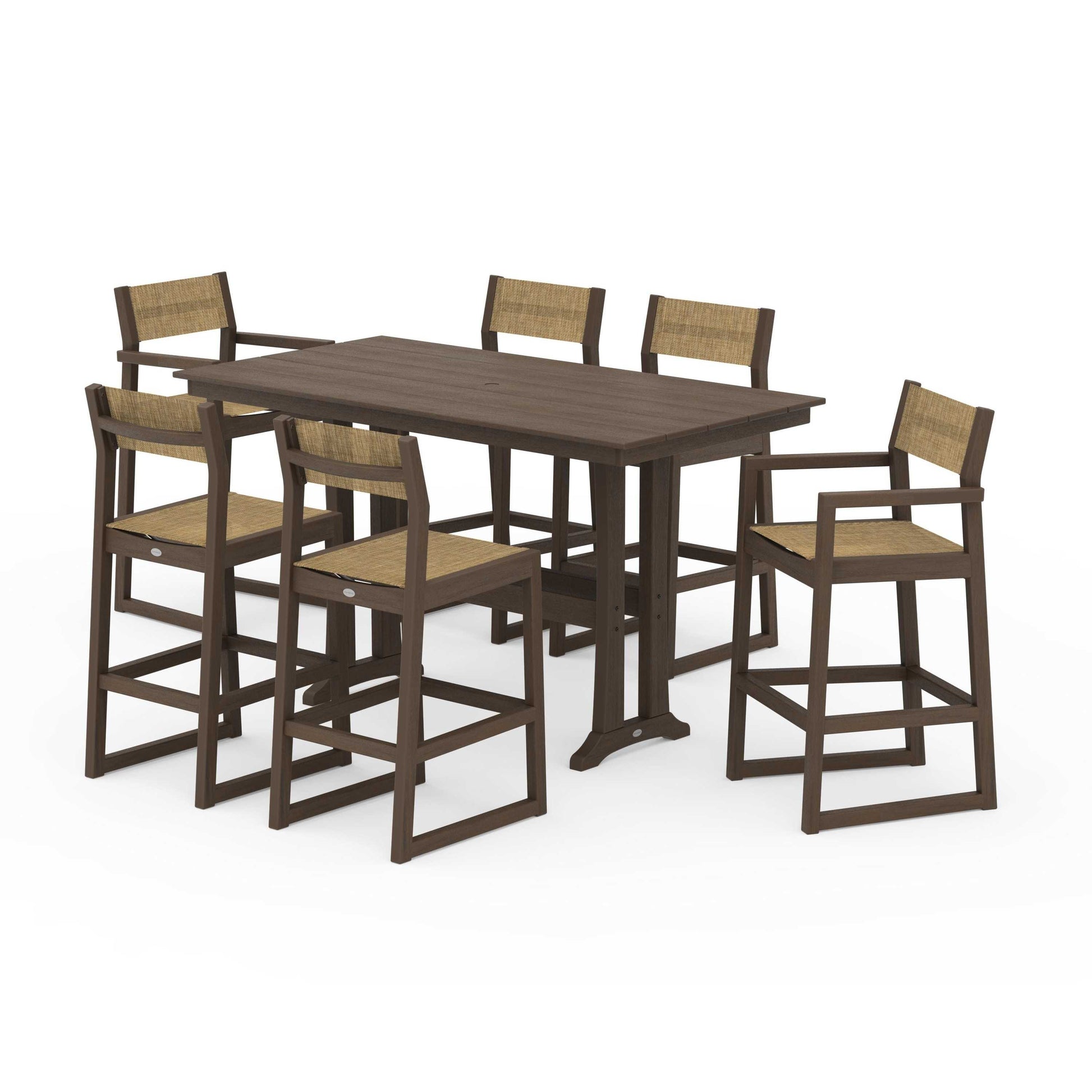 POLYWOOD EDGE Sling 7-Piece Farmhouse Bar Set with Trestle Legs — Kona / Burlap Sling