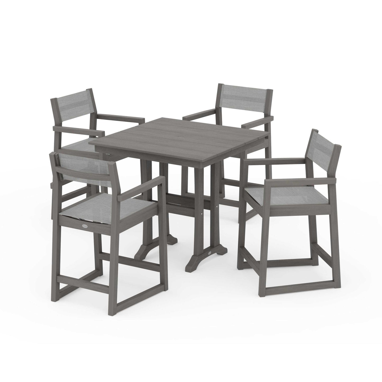 POLYWOOD EDGE Sling Arm Chair 5-Piece Farmhouse Counter Set with Trestle Legs — Driftwood / Metallic Sling
