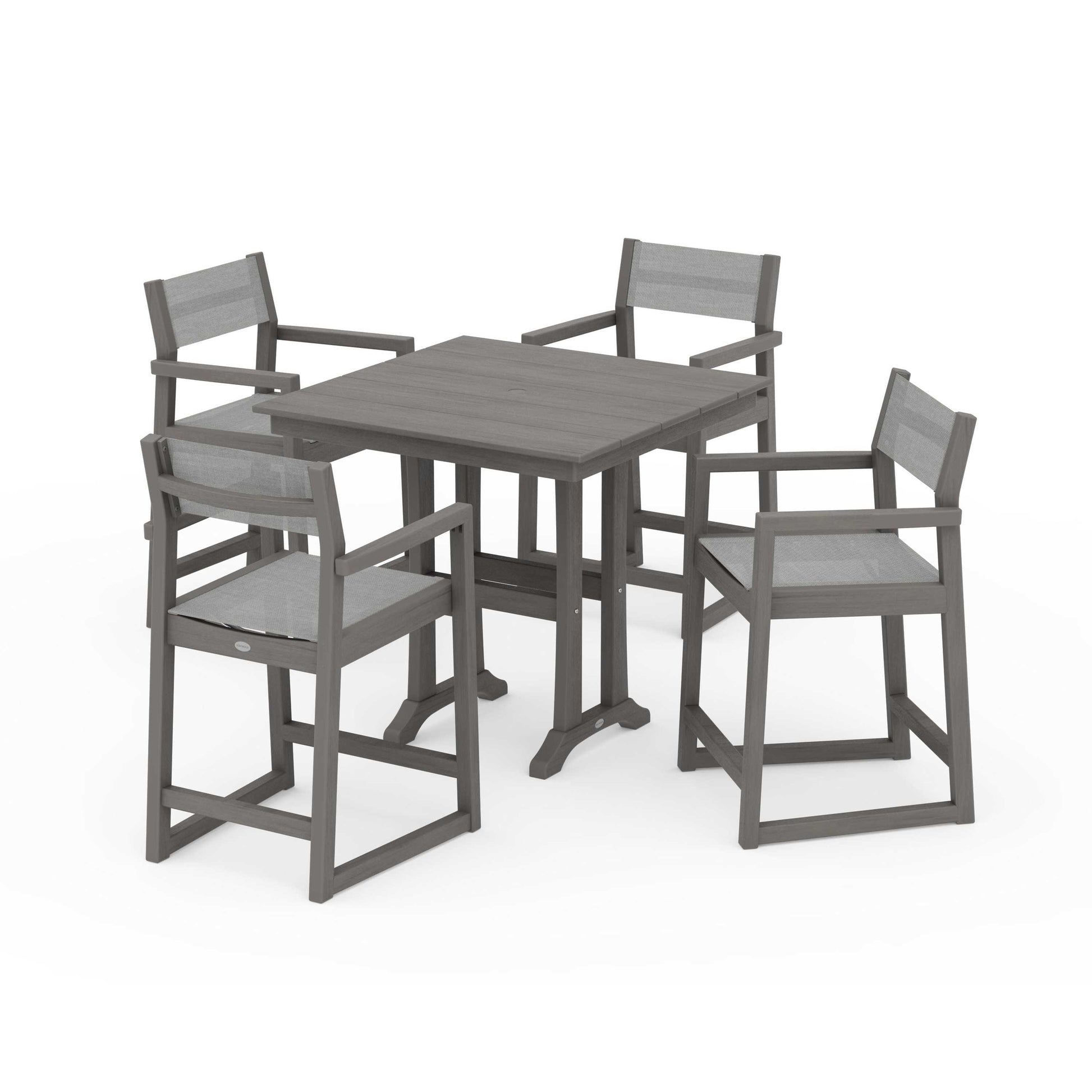 POLYWOOD EDGE Sling Arm Chair 5-Piece Farmhouse Counter Set with Trestle Legs — Driftwood / Metallic Sling