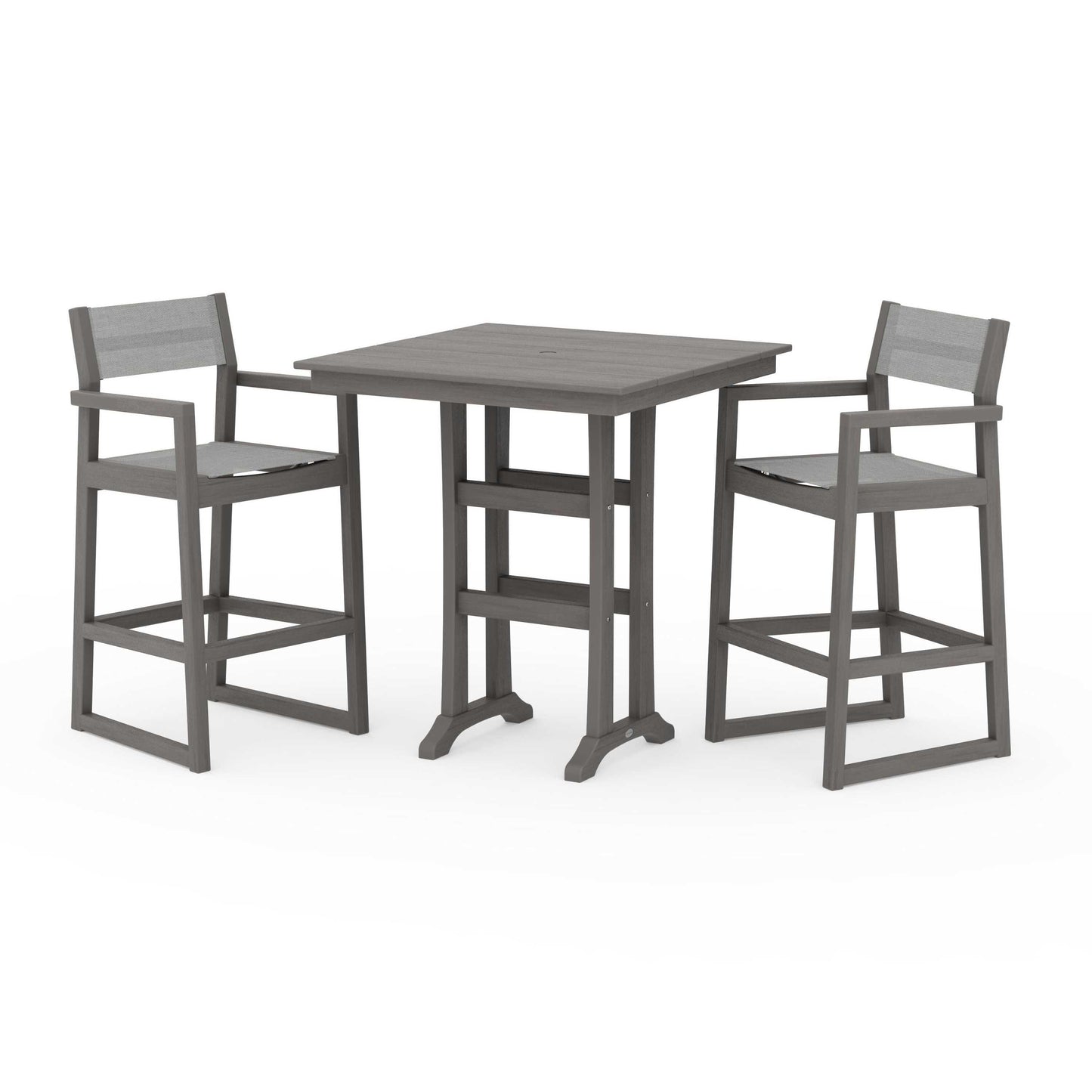 POLYWOOD EDGE Sling Arm Chair 3-Piece Farmhouse Bar Set with Trestle Legs — Driftwood / Metallic Sling