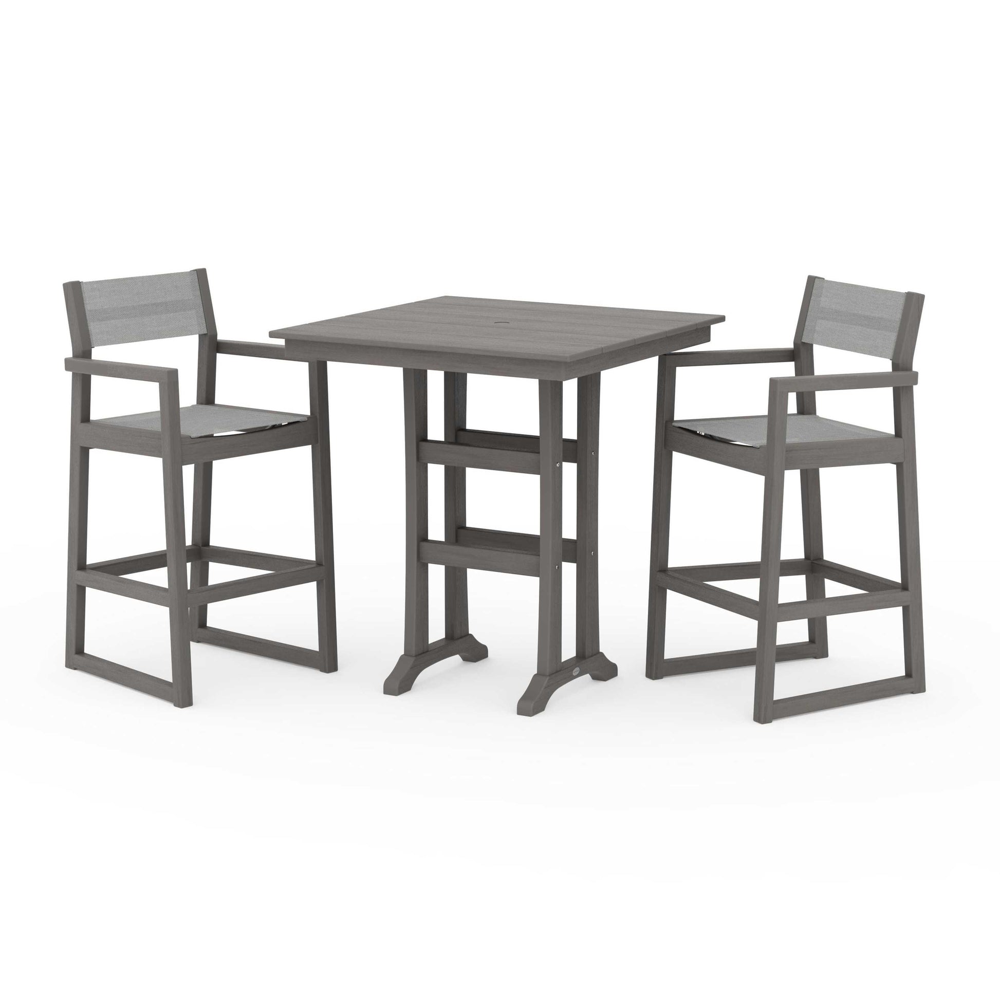POLYWOOD EDGE Sling Arm Chair 3-Piece Farmhouse Bar Set with Trestle Legs — Driftwood / Metallic Sling