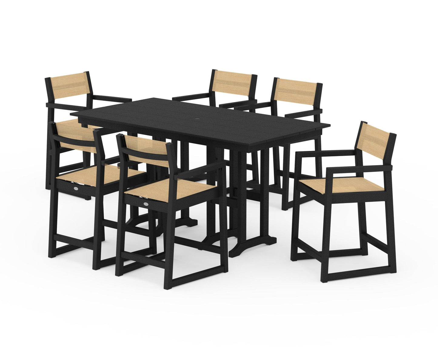 POLYWOOD EDGE Sling Arm Chair 7-Piece Farmhouse Counter Set — Black / Dupioni Apricot Sling